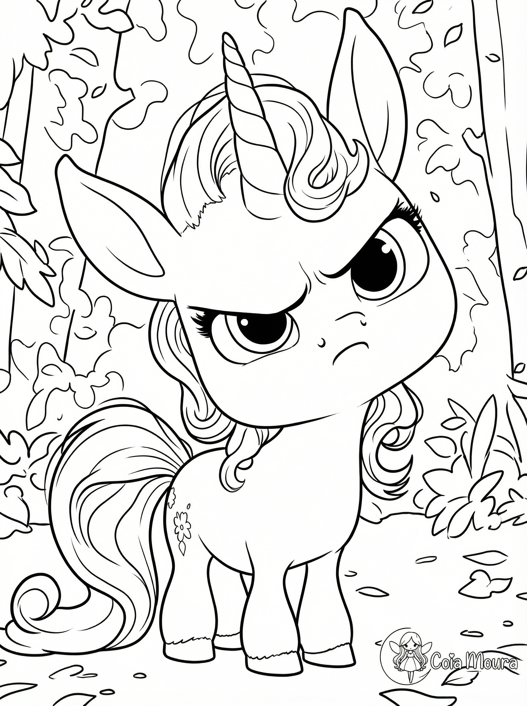 Cute cartoon unicorn with large expressive eyes, flowing mane and tail, standing in a magical forest with leaves and trees, black and white line art colouring page