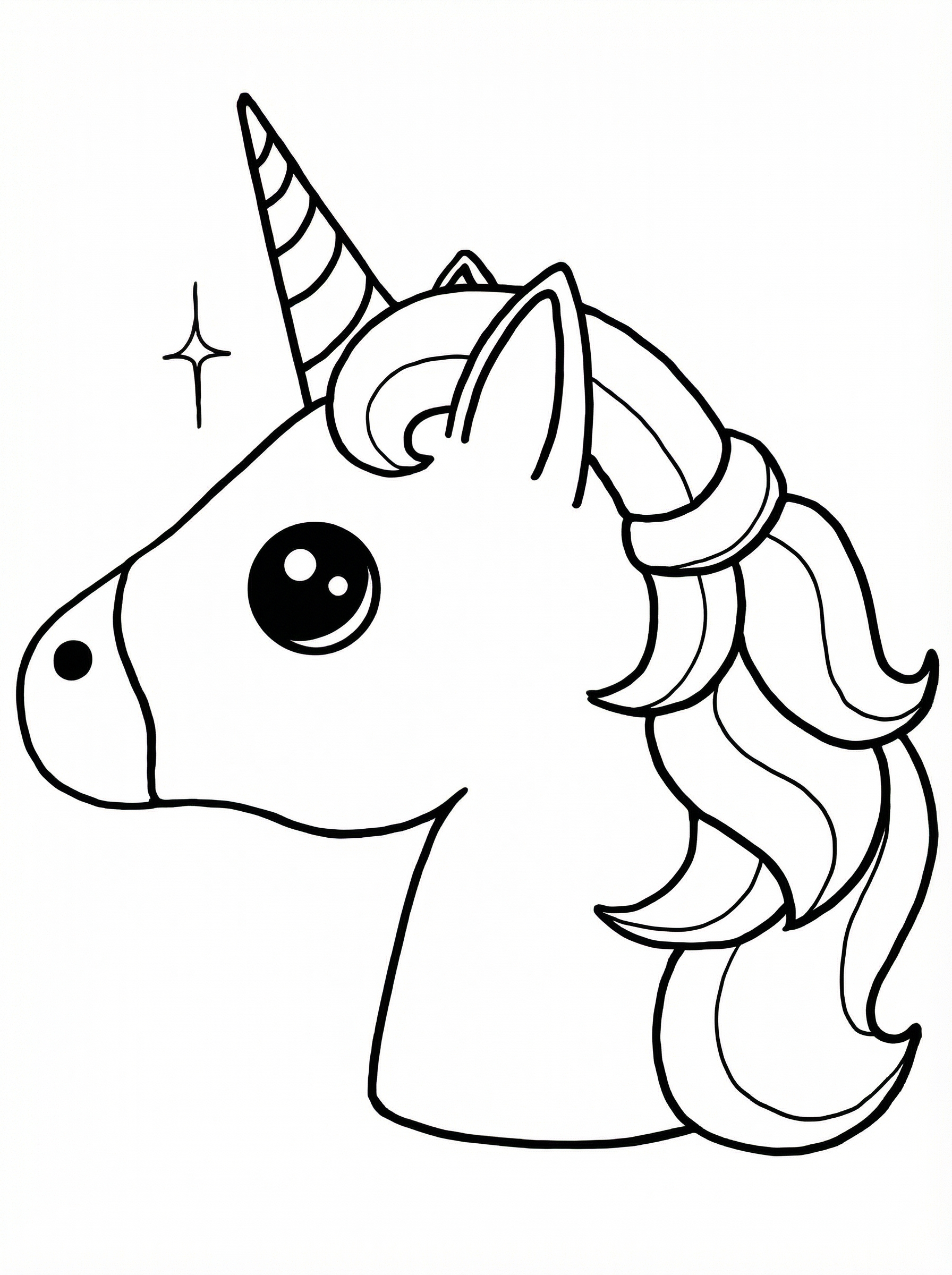 Cute cartoon unicorn colouring page with large eyes, flowing mane, spiral horn, and sparkle detail