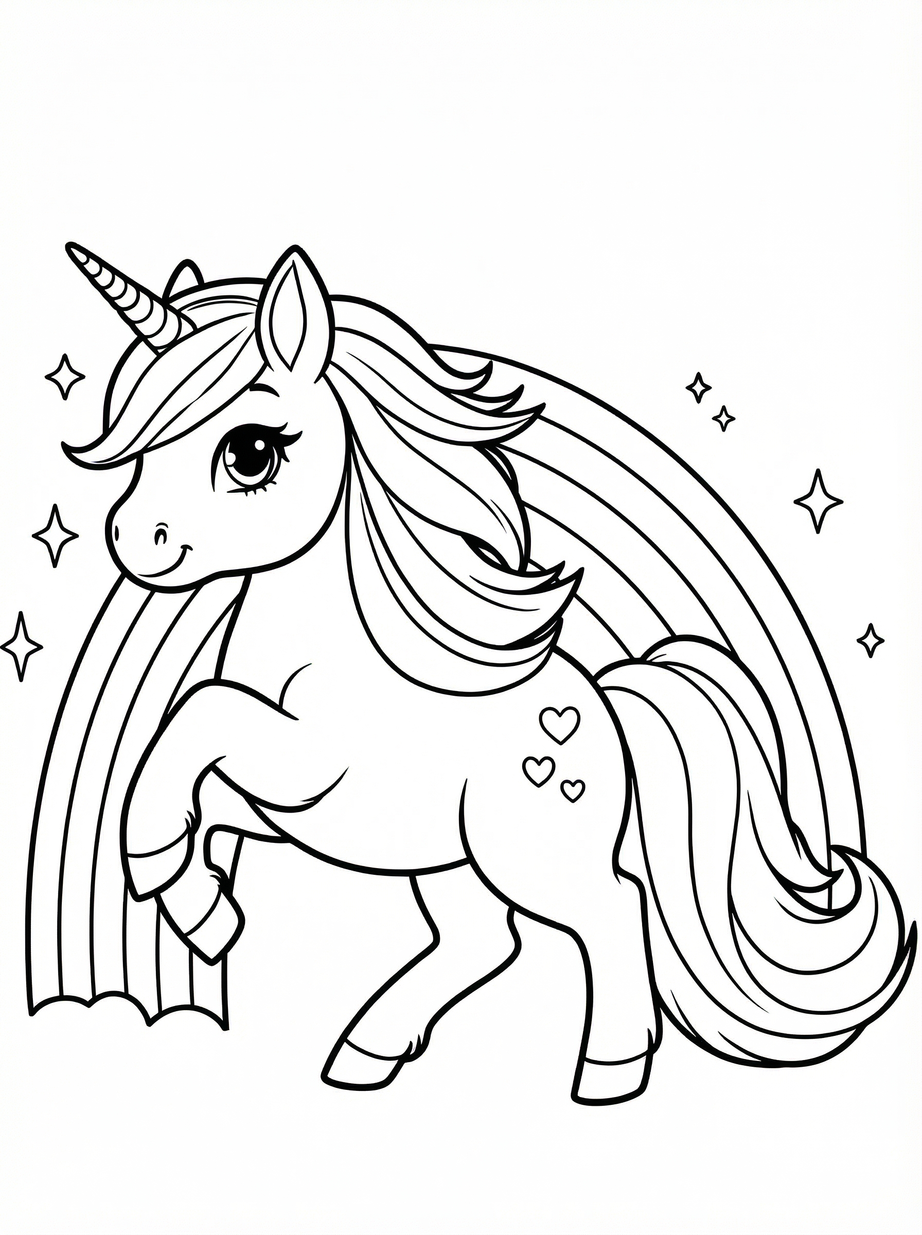 Black and white line drawing of a cute unicorn with large eyes, flowing mane and tail, hearts on its body, standing beside a rainbow with stars