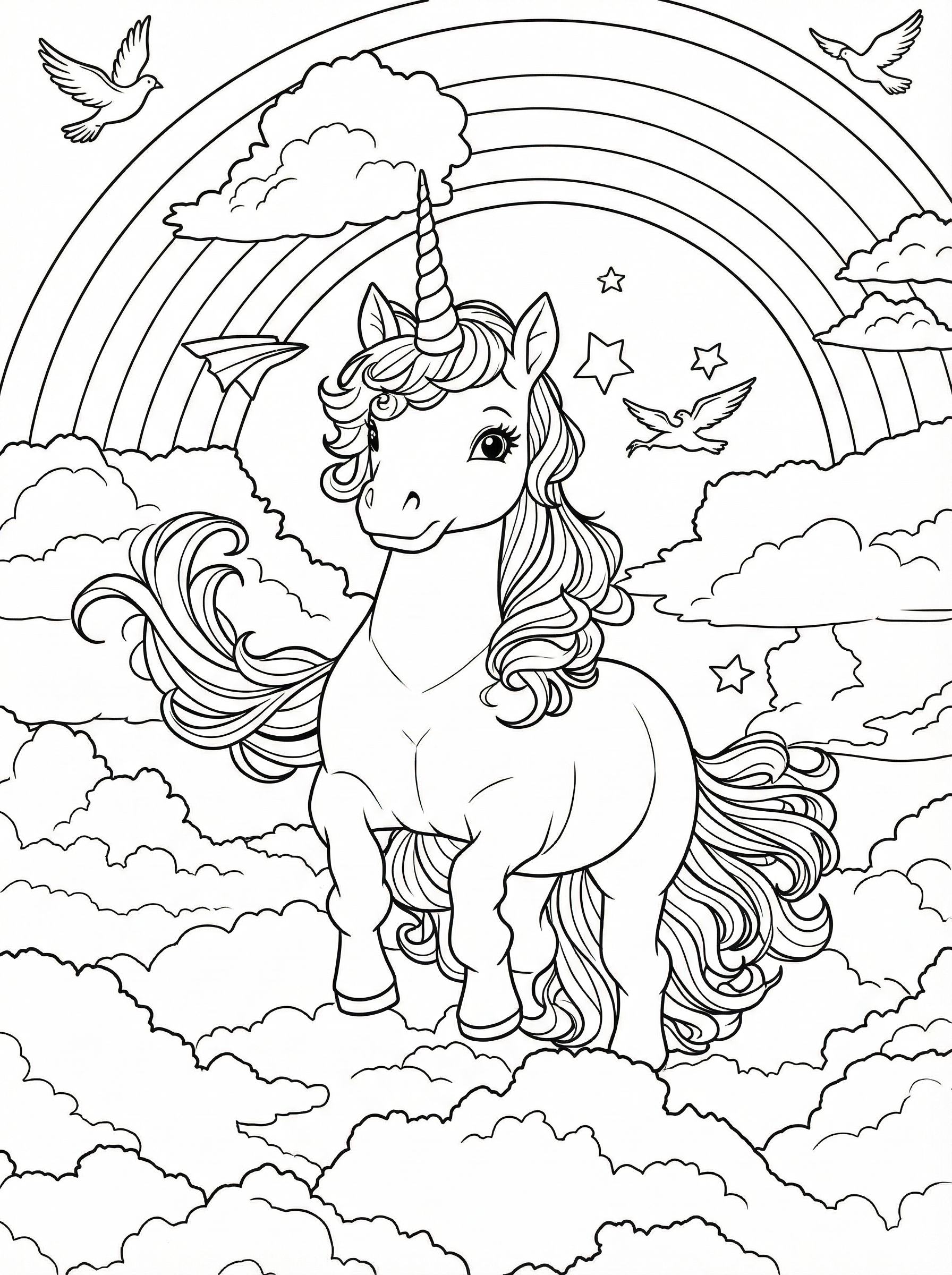 Colouring page of a smiling unicorn with flowing mane and tail standing on fluffy clouds with a double rainbow, stars, and doves in the background