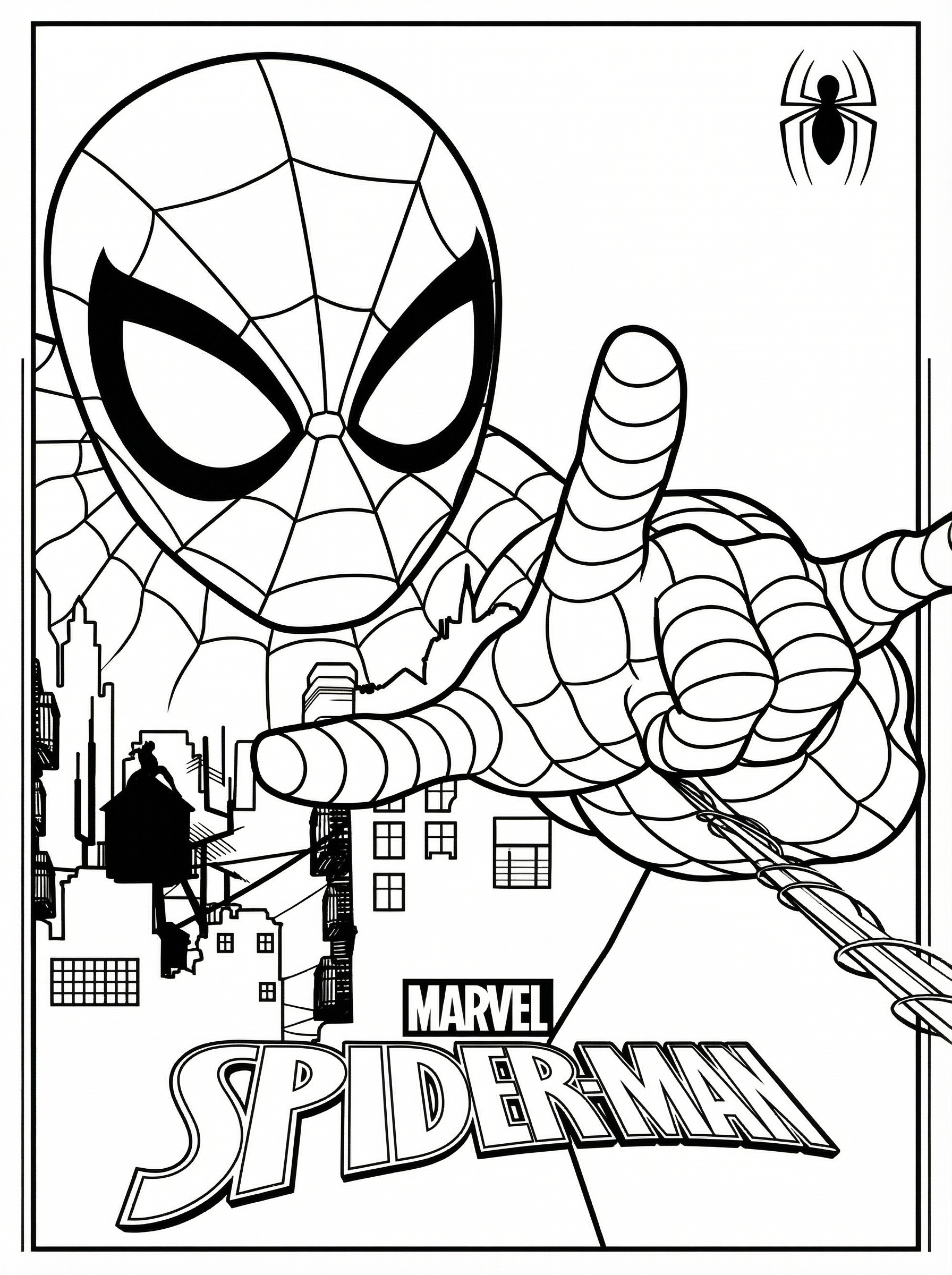 Spider-Man colouring page showing the superhero in his iconic costume with web pattern, large expressive eyes, giving a thumbs up gesture while swinging through a city skyline with buildings in the background and spider logo in corner