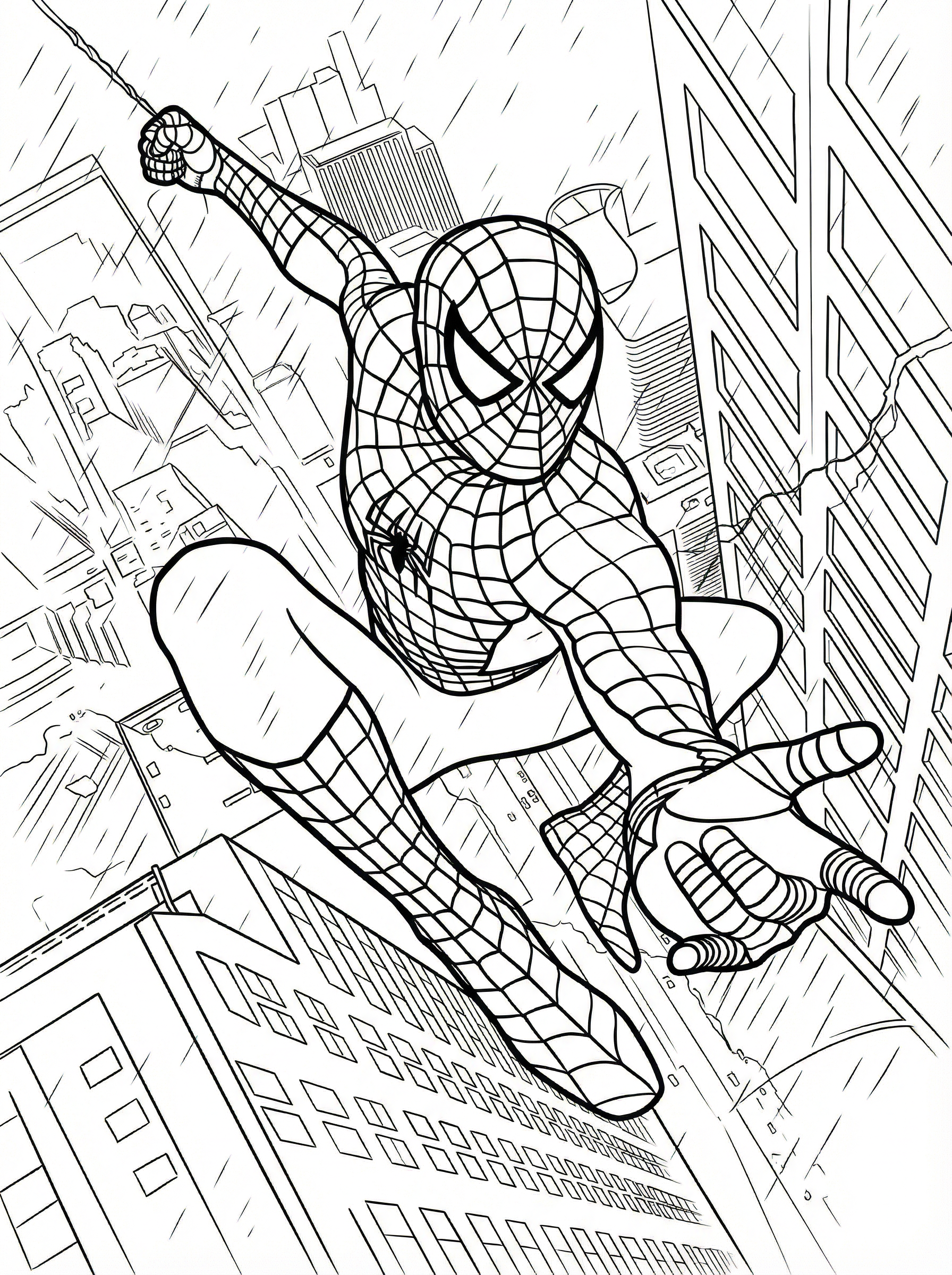 Spider-Man swinging through city buildings on his web in a dynamic action pose, black and white line art colouring page
