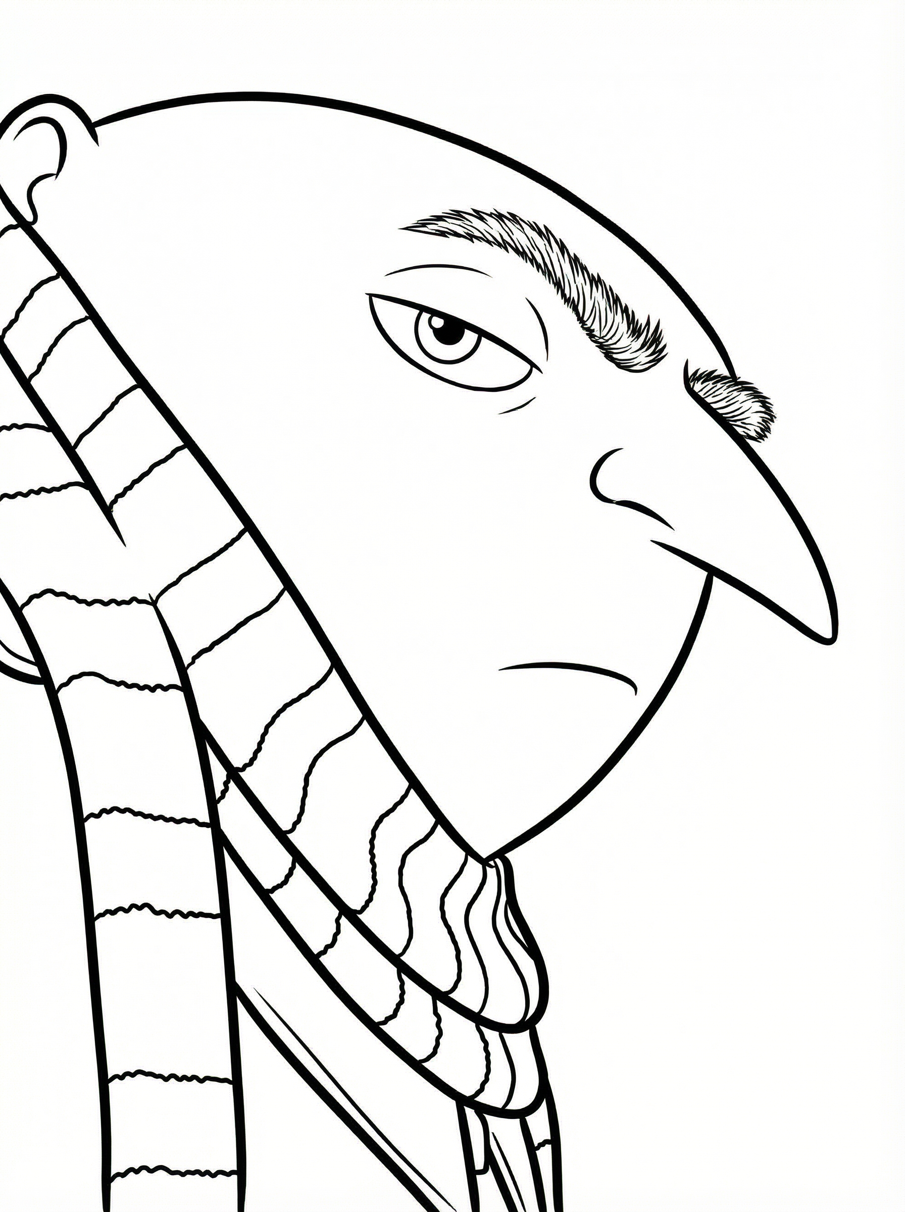 Line drawing of Gru from Despicable Me wearing a striped scarf with an annoyed expression on his face