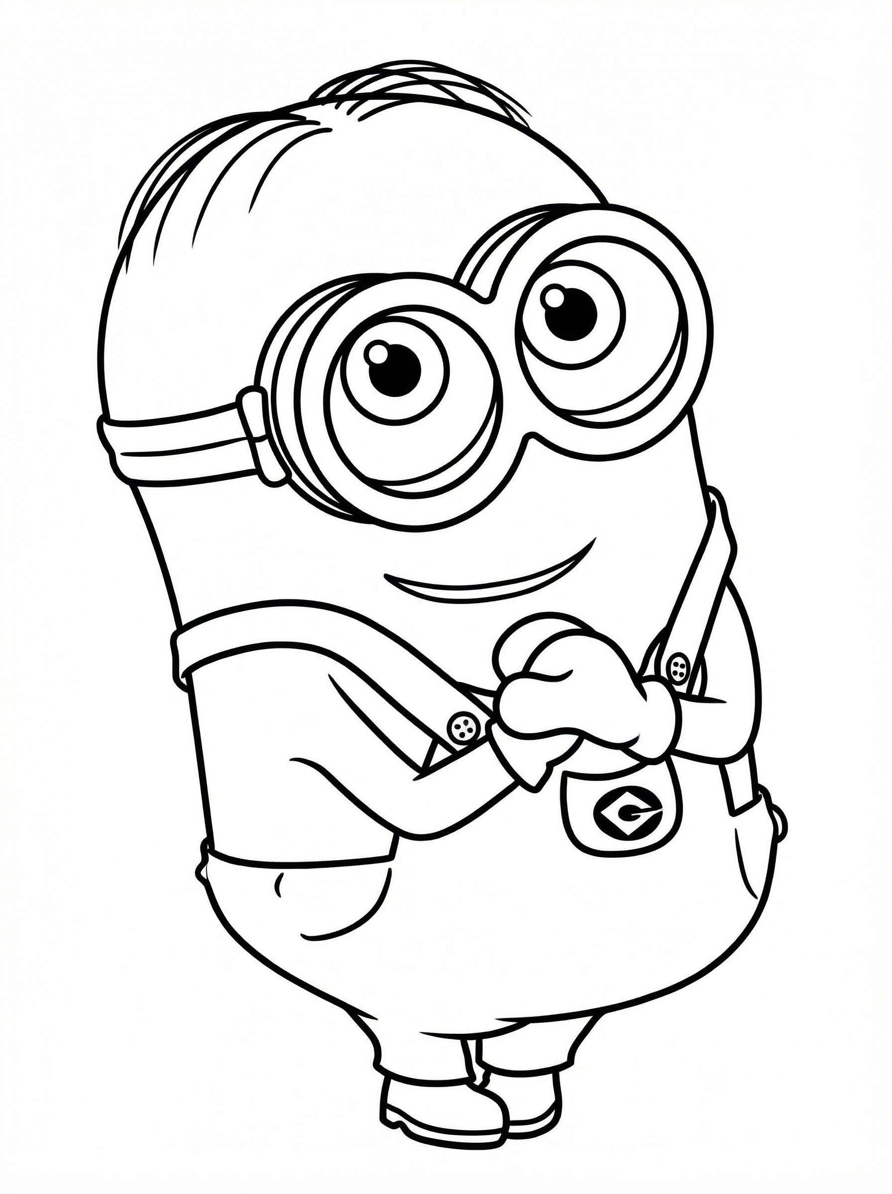 Black and white line drawing of a Minion character from Despicable Me wearing goggles and overalls, holding something, ready to colour in