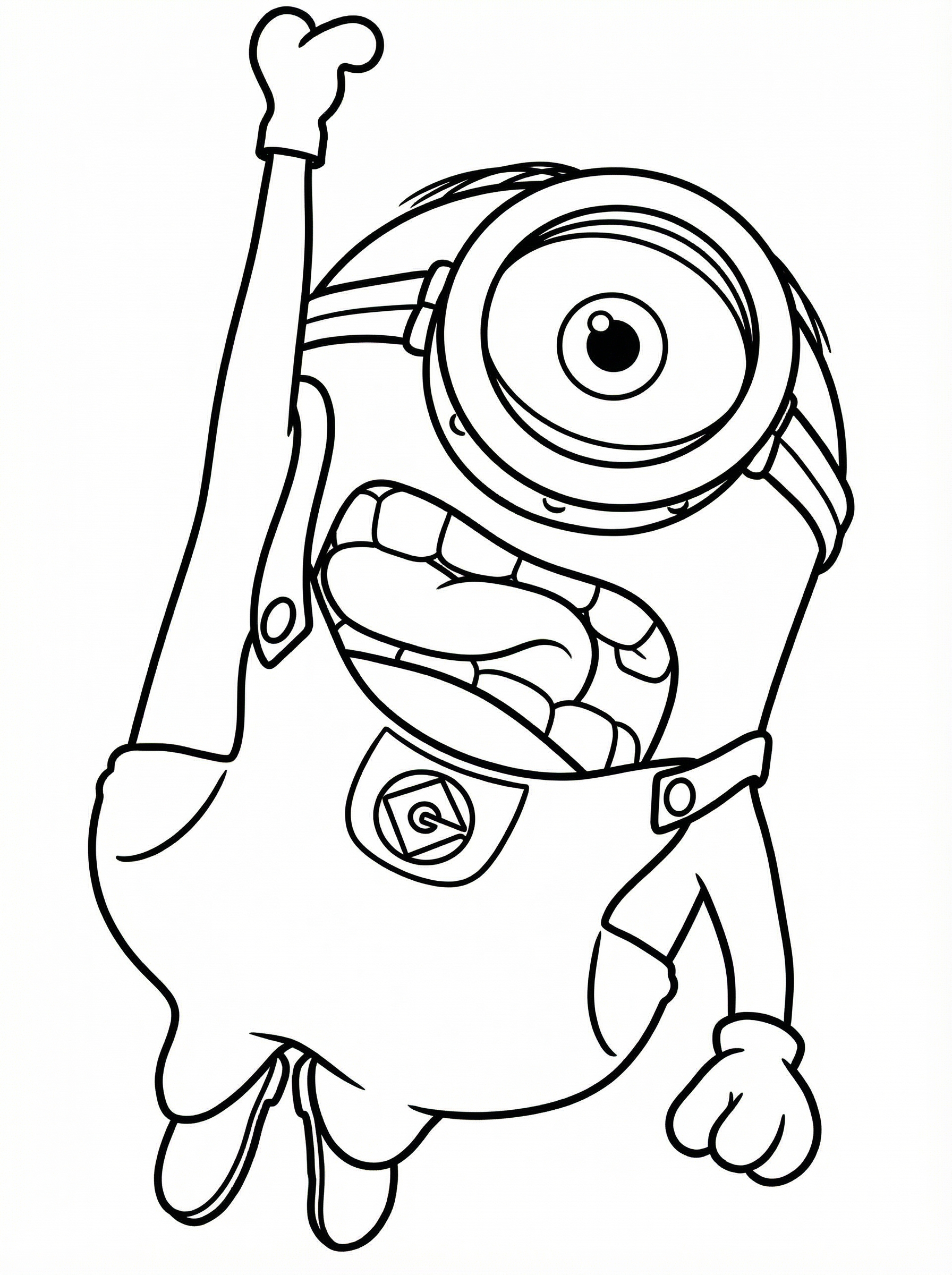 Black and white line drawing of a cheerful Minion character from Despicable Me with one large eye, wearing overalls and goggles, waving with one hand raised