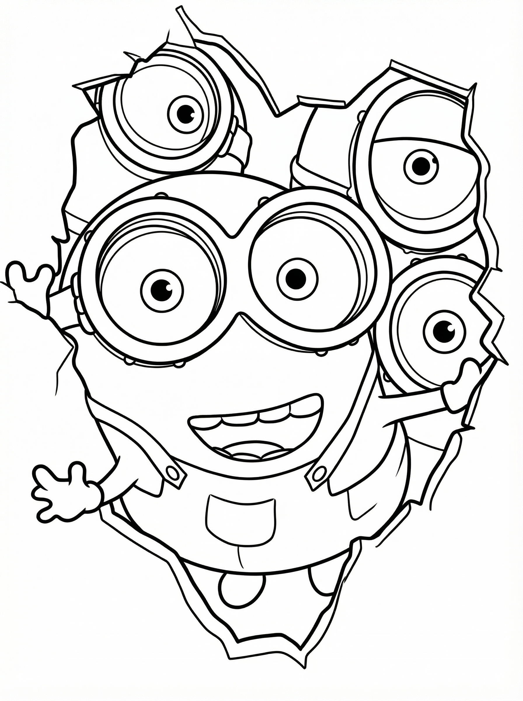 Black and white line drawing of multiple Minions characters from Despicable Me with large goggles and happy expressions, ready to colour
