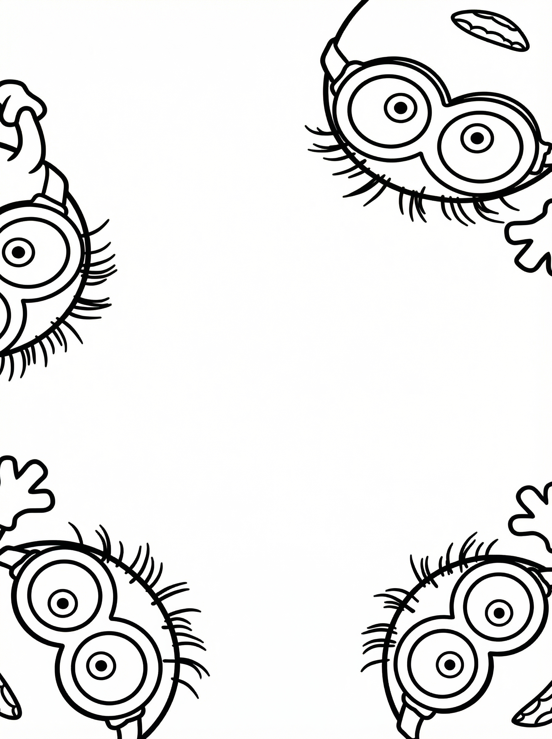 Black and white colouring page showing four Minion faces from Despicable Me with large goggles, different expressions, and characteristic features arranged in corners