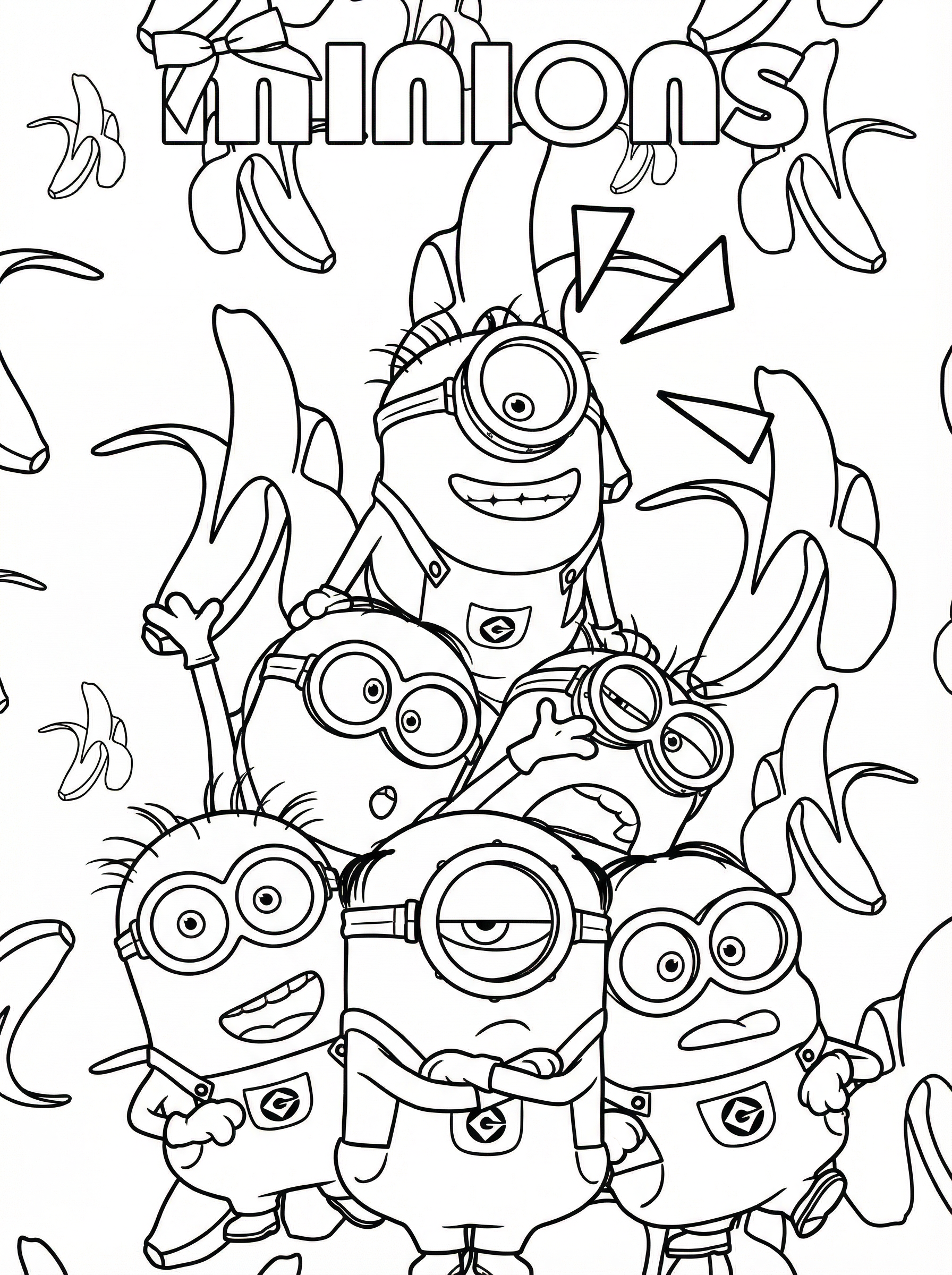 Black and white colouring page featuring five Minions characters from Despicable Me surrounded by bananas, with the Minions logo at the top