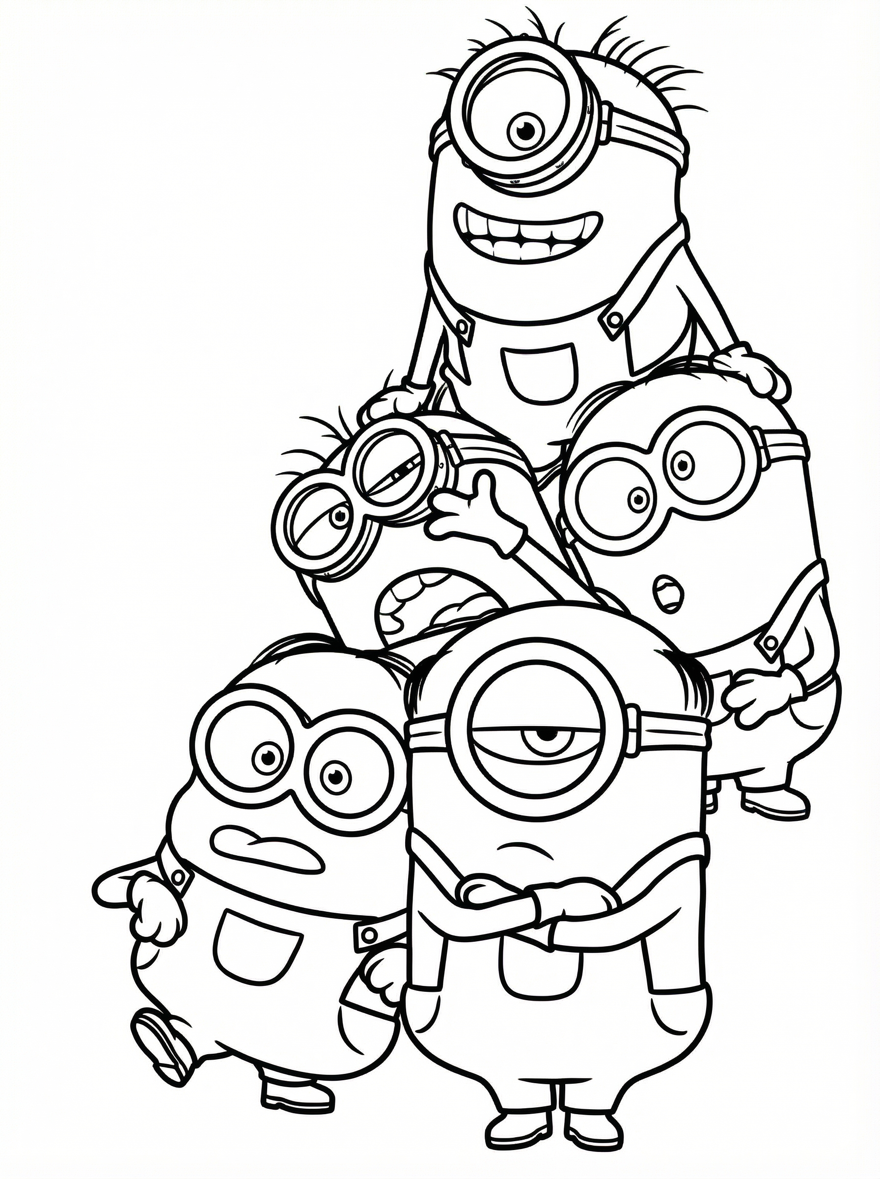 Black and white line drawing of five Minions characters from Despicable Me stacked on top of each other, showing their goggles, overalls, and different expressions for colouring