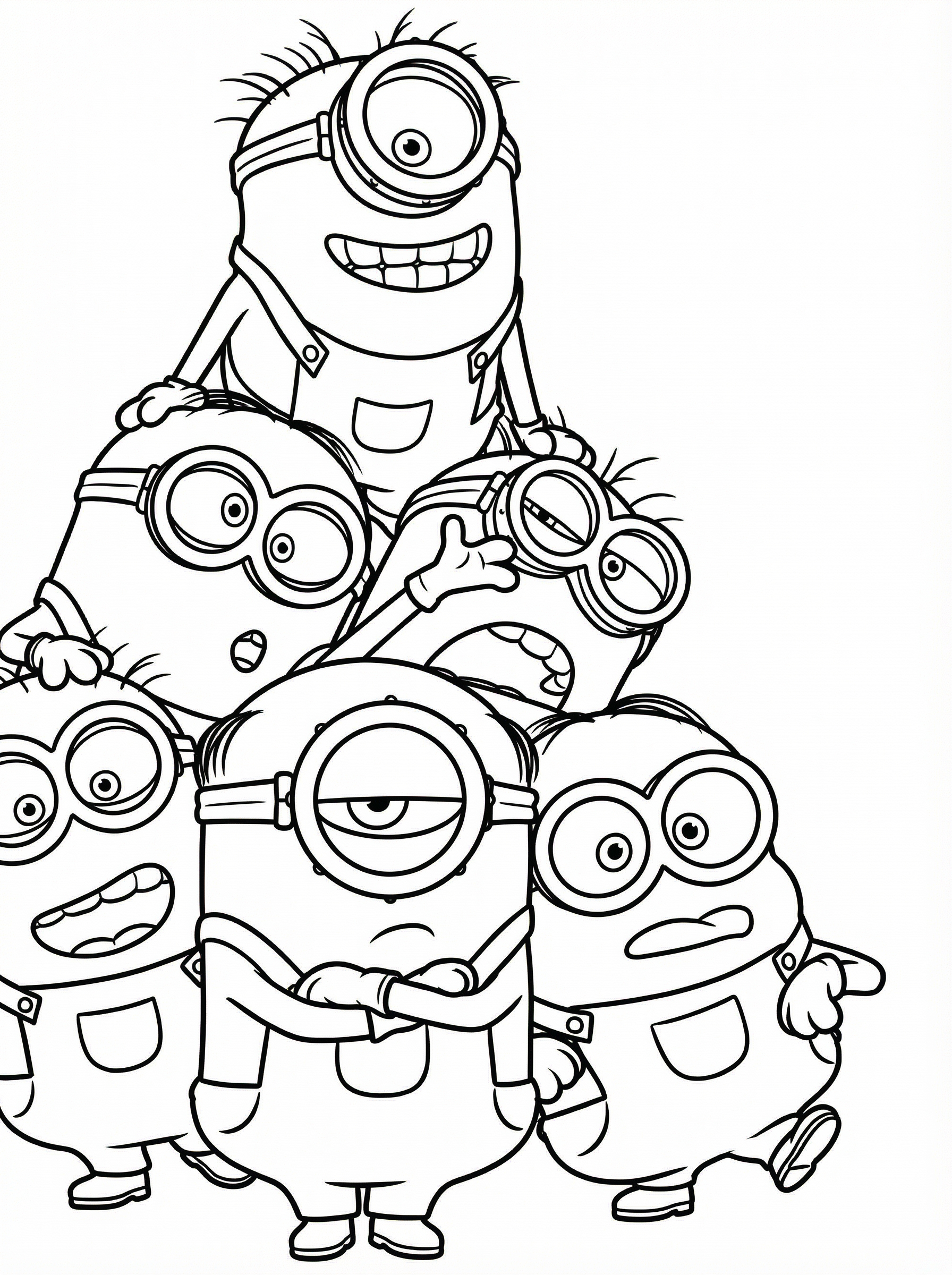Black and white line drawing of multiple Minions characters from Despicable Me stacked together, showing their goggles, overalls, and cheerful expressions, ready to colour in