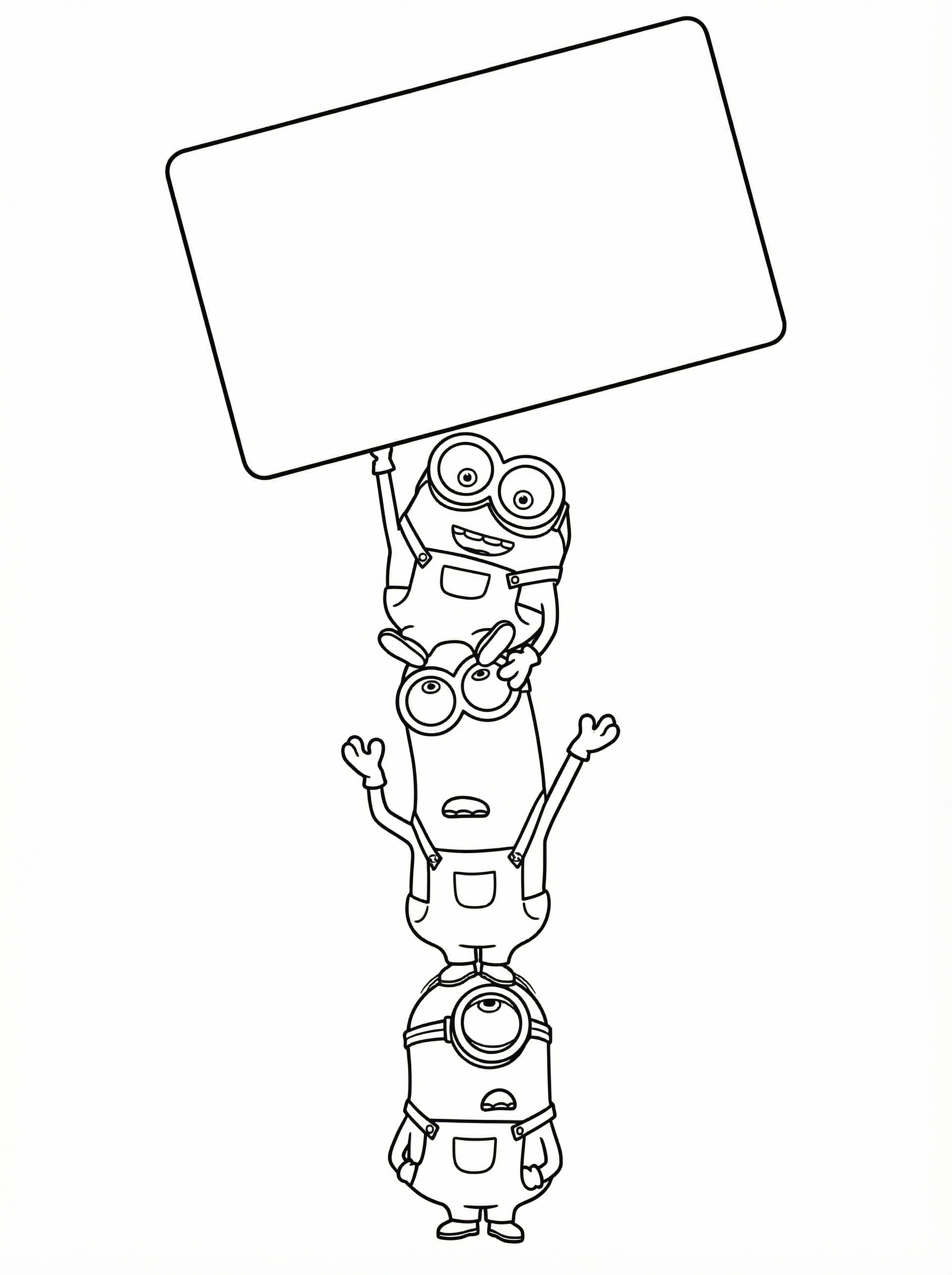Three Minions from Despicable Me stacked on top of each other holding up a blank sign, black and white line drawing colouring page