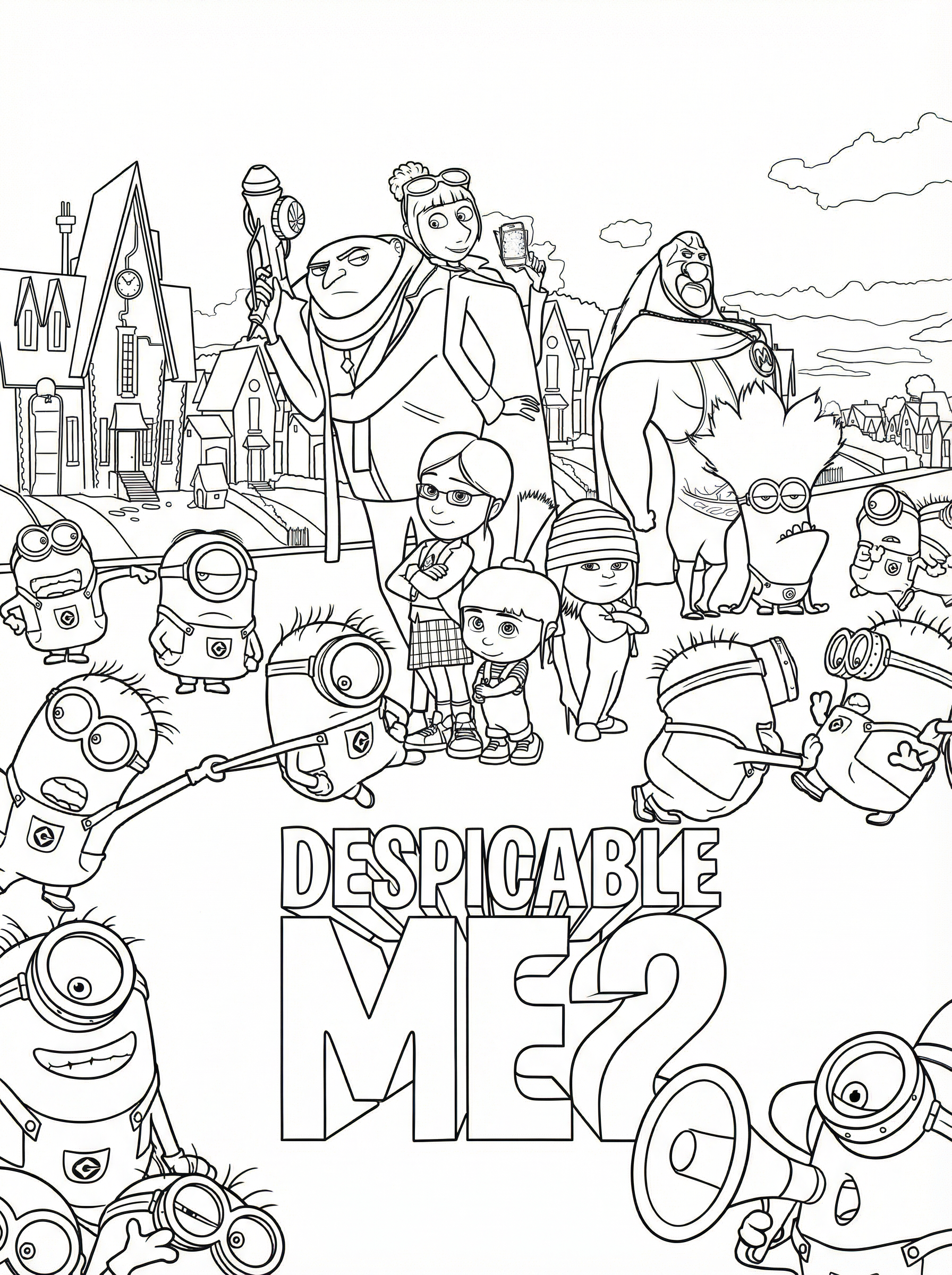 Despicable Me 2 colouring page showing Gru, Margo, Edith, Agnes, Lucy, and many Minions in front of a cityscape