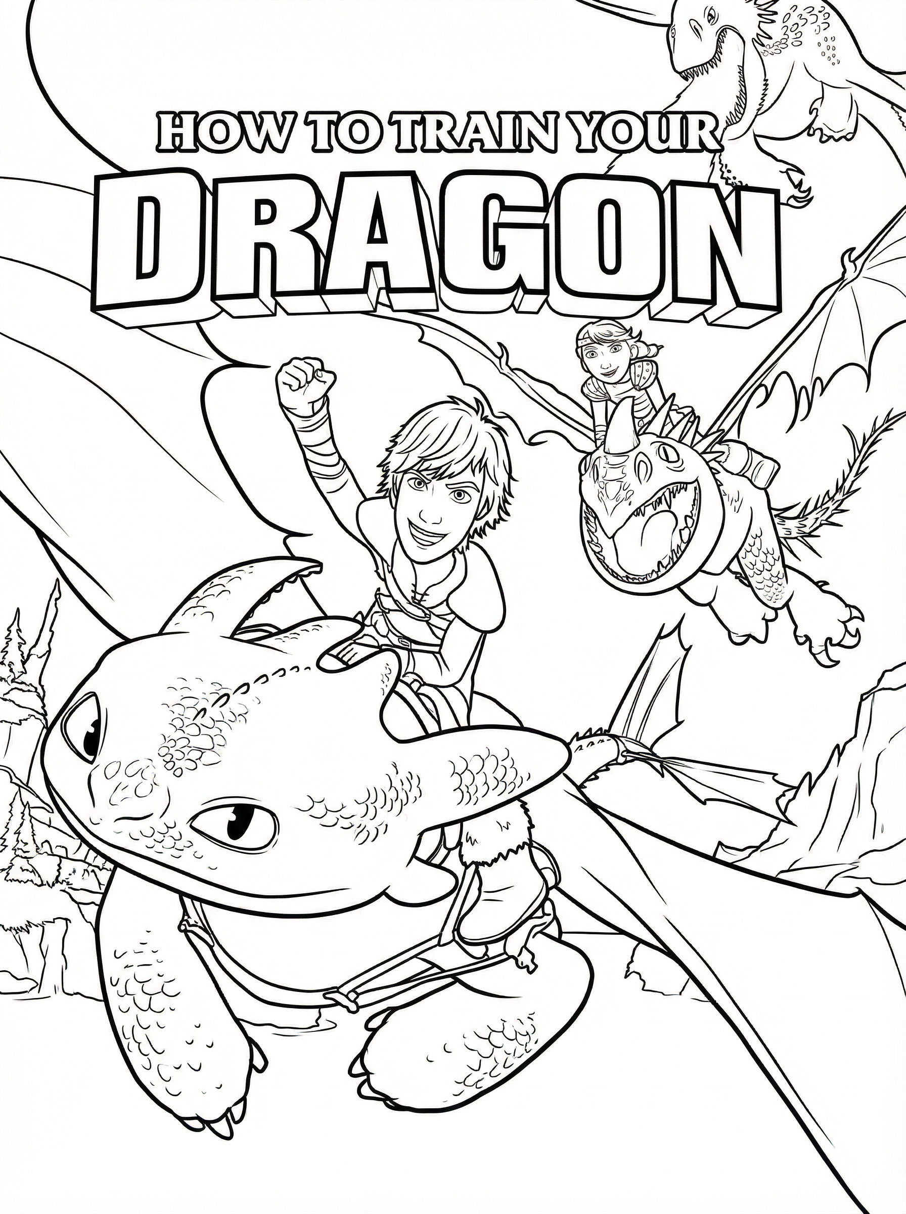 Black and white line drawing colouring page showing Hiccup riding Toothless the Night Fury dragon with other characters and dragons from How to Train Your Dragon