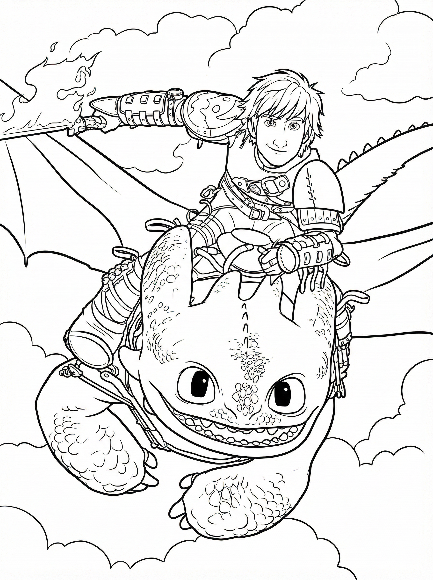 Colouring page showing Hiccup riding on Toothless the Night Fury dragon flying through clouds