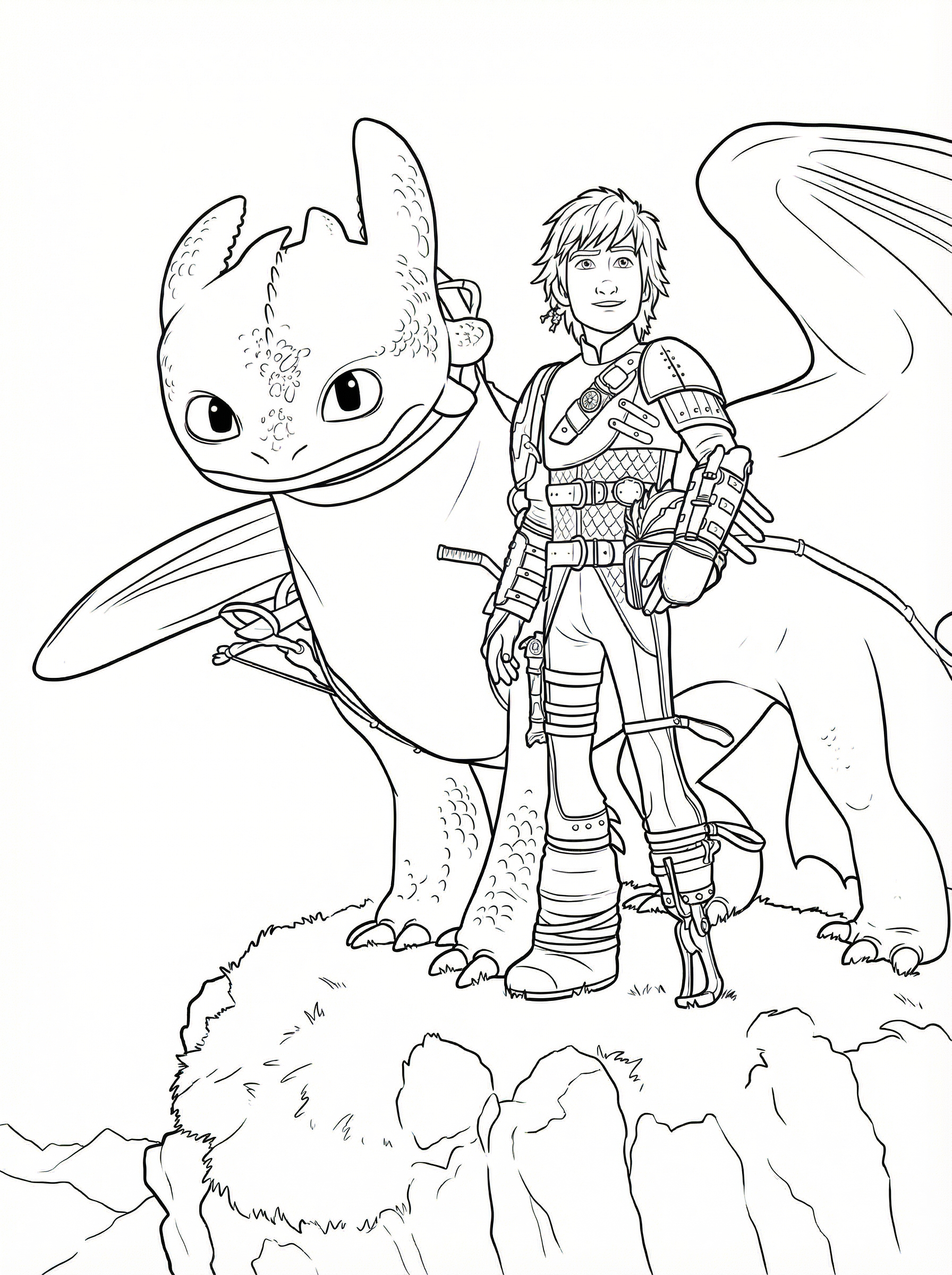 Black and white line drawing of Hiccup standing next to his dragon Toothless from How to Train Your Dragon, ready to colour