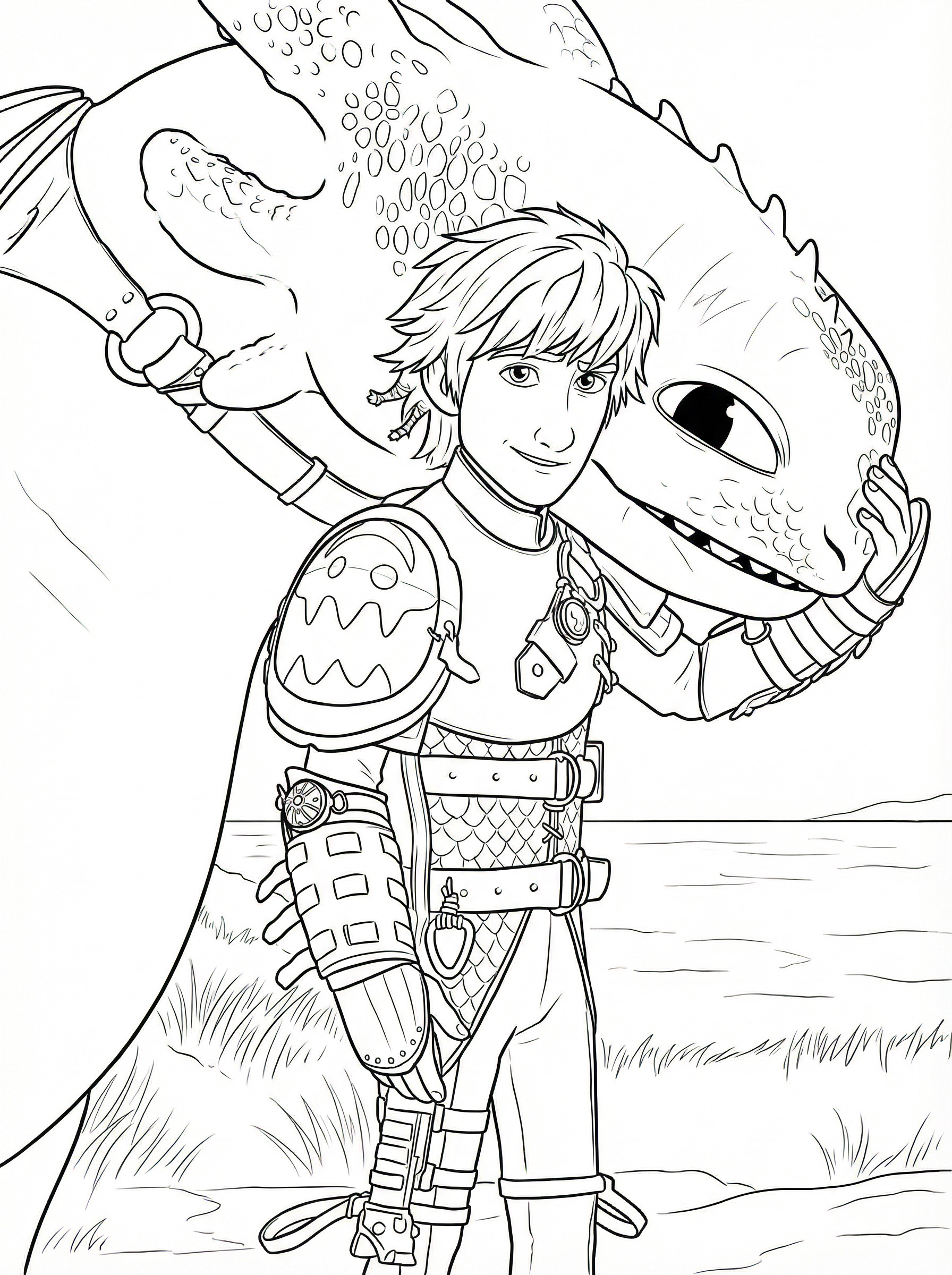 Black and white line drawing of Hiccup standing next to his dragon Toothless from How to Train Your Dragon, ready to colour