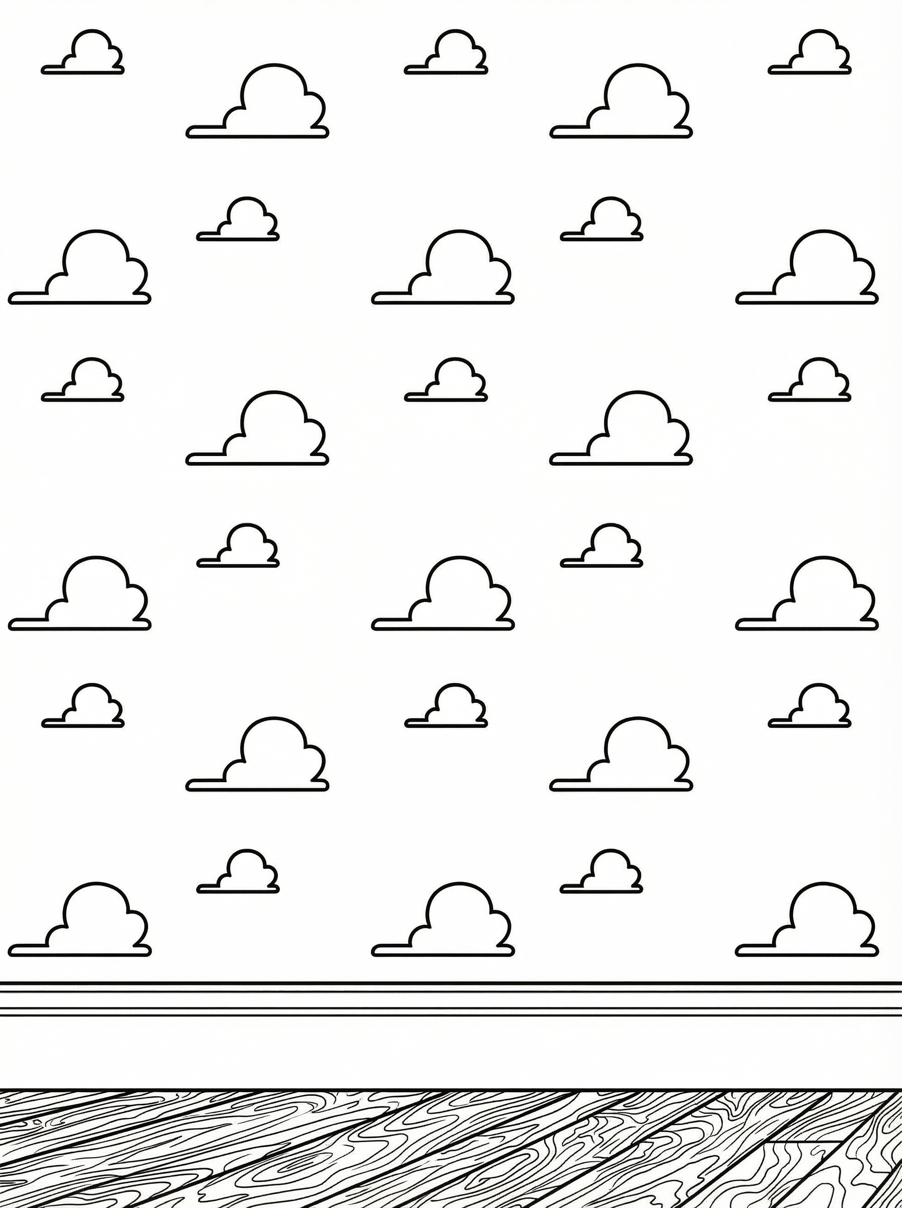 Colouring page featuring multiple fluffy clouds scattered across the sky with a decorative wood grain or wave pattern at the bottom