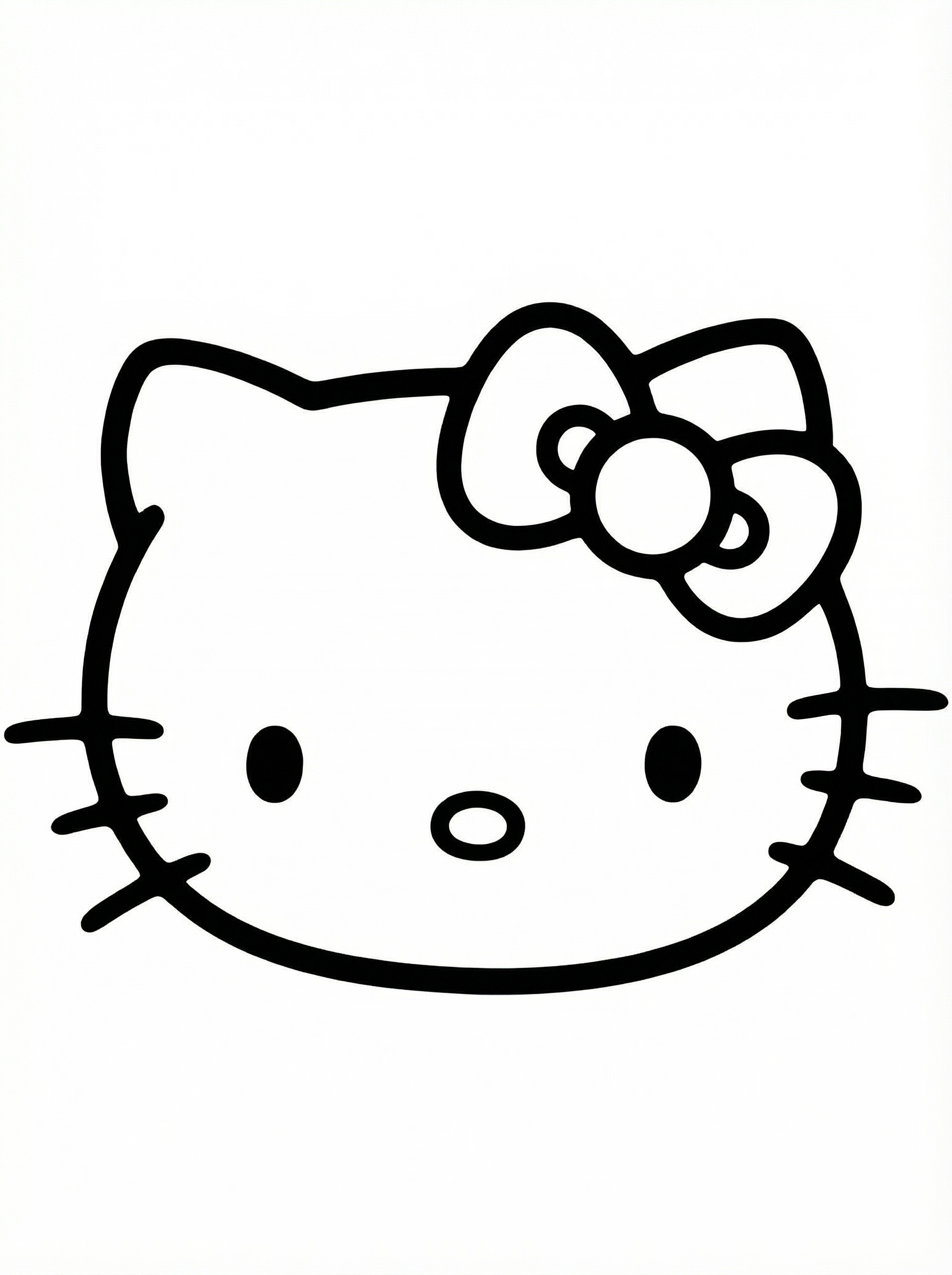 Hello Kitty colouring page showing the character's face with her iconic bow, whiskers, and simple facial features in black outline on white background