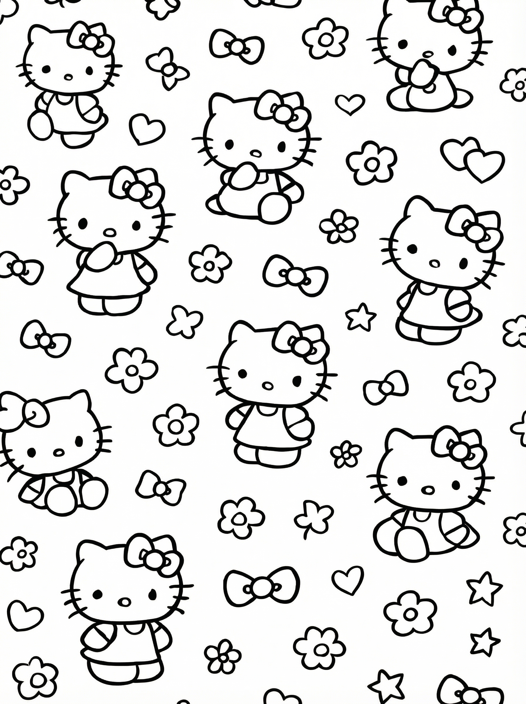 Black and white colouring page featuring multiple Hello Kitty characters in various poses surrounded by flowers, hearts, bows, and stars in a repeating pattern design