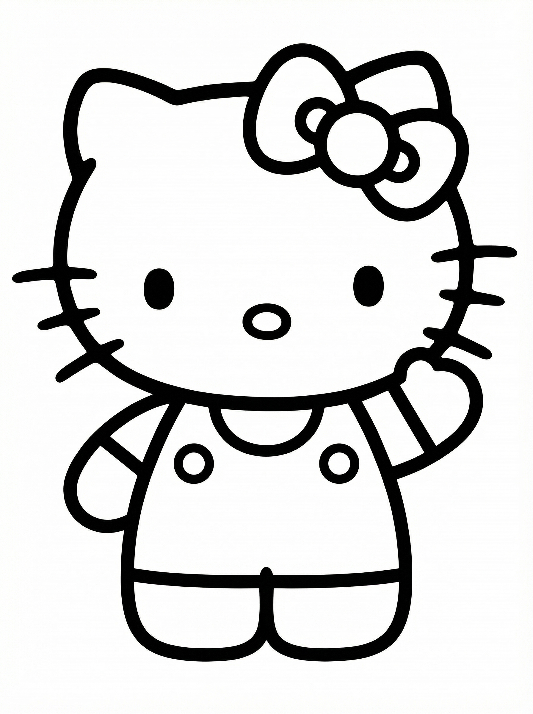 Black and white line drawing of Hello Kitty wearing a dress with buttons and her iconic bow, designed as a printable colouring page for children