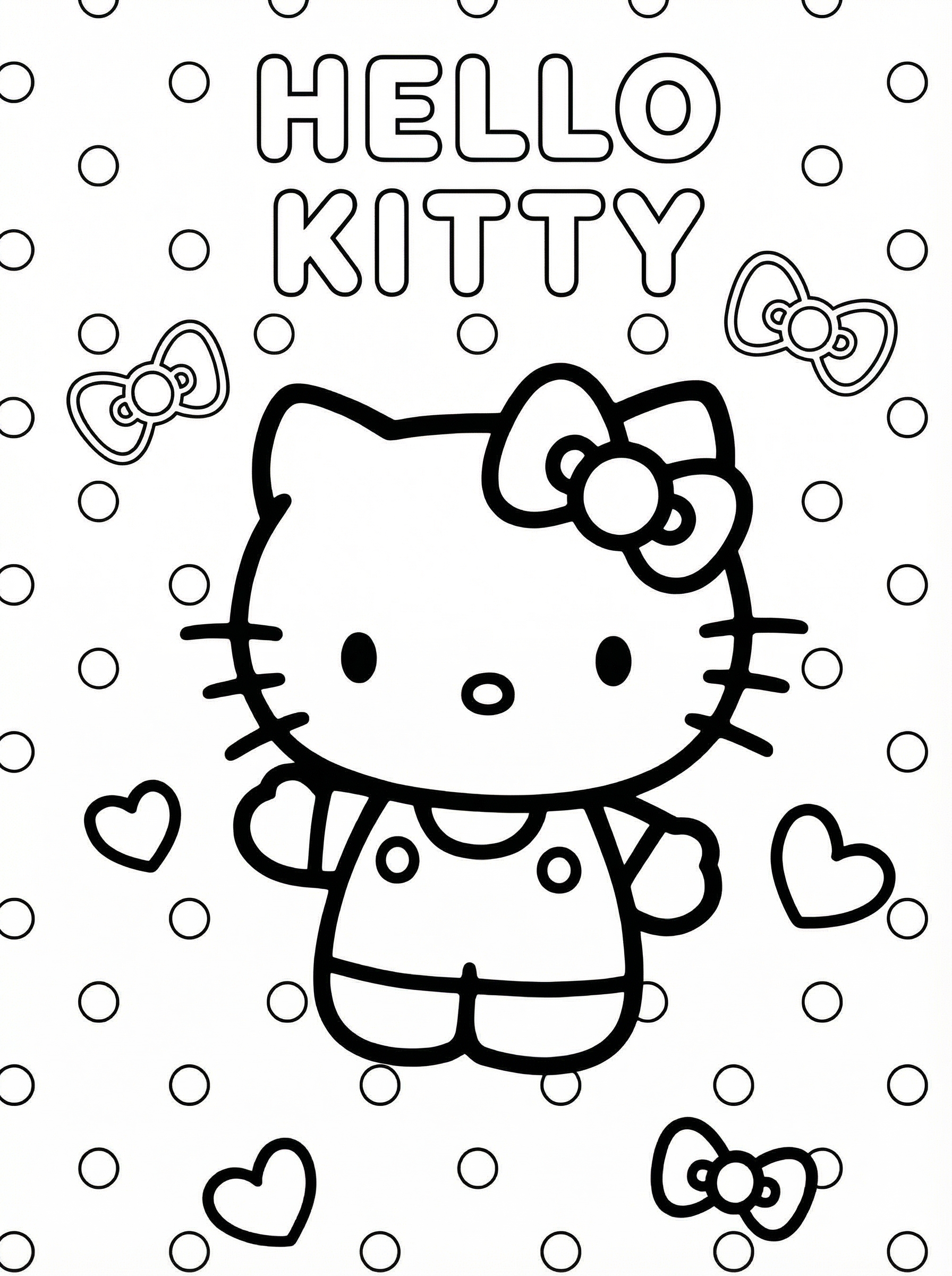 Hello Kitty colouring page showing the character with her iconic bow, surrounded by hearts, smaller bows and polka dots