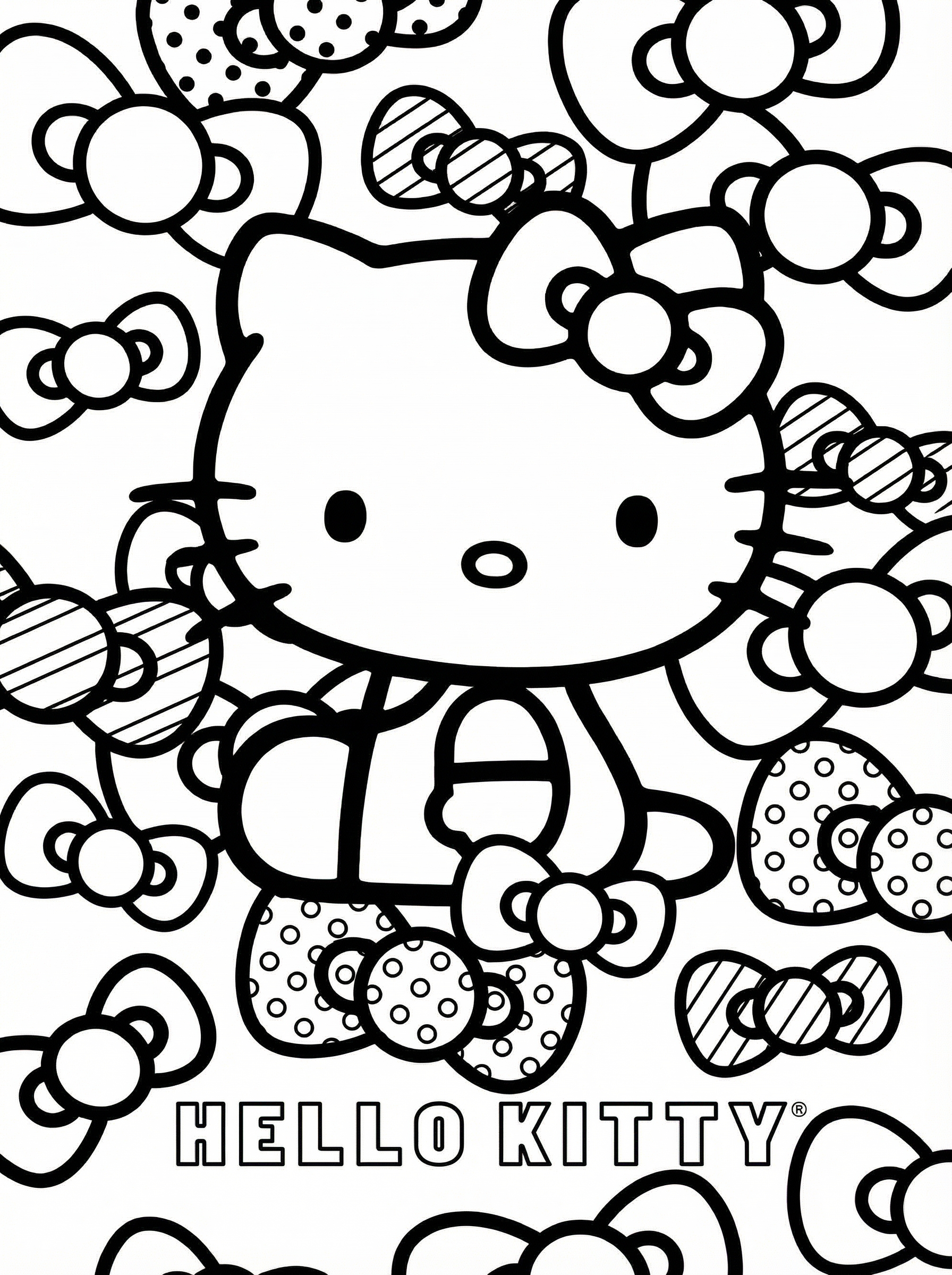 Black and white line drawing of Hello Kitty surrounded by various decorative bows with polka dots and stripes, Hello Kitty logo at bottom