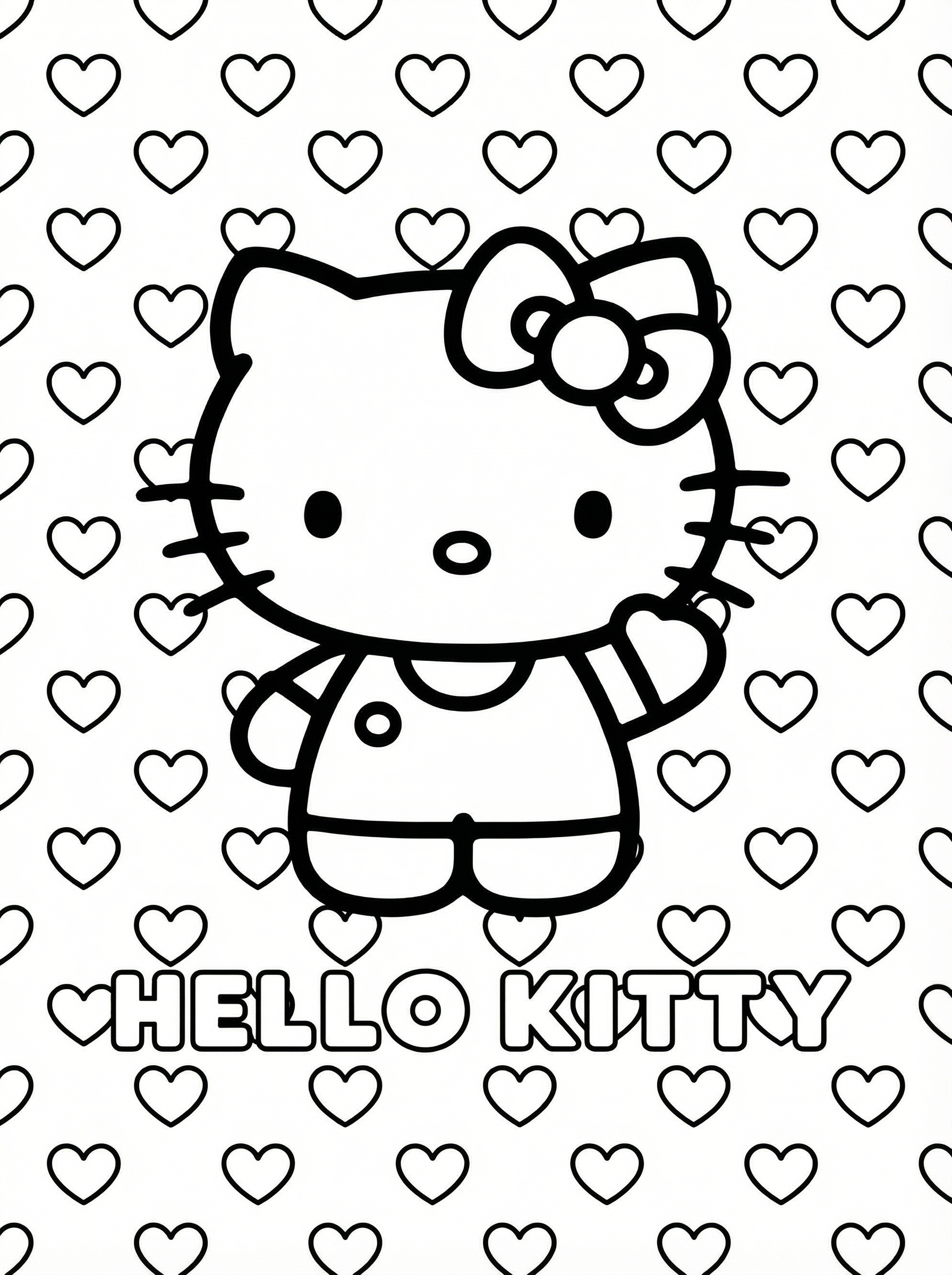 Hello Kitty colouring page showing the character with her signature bow standing amongst heart shapes with Hello Kitty text at the bottom