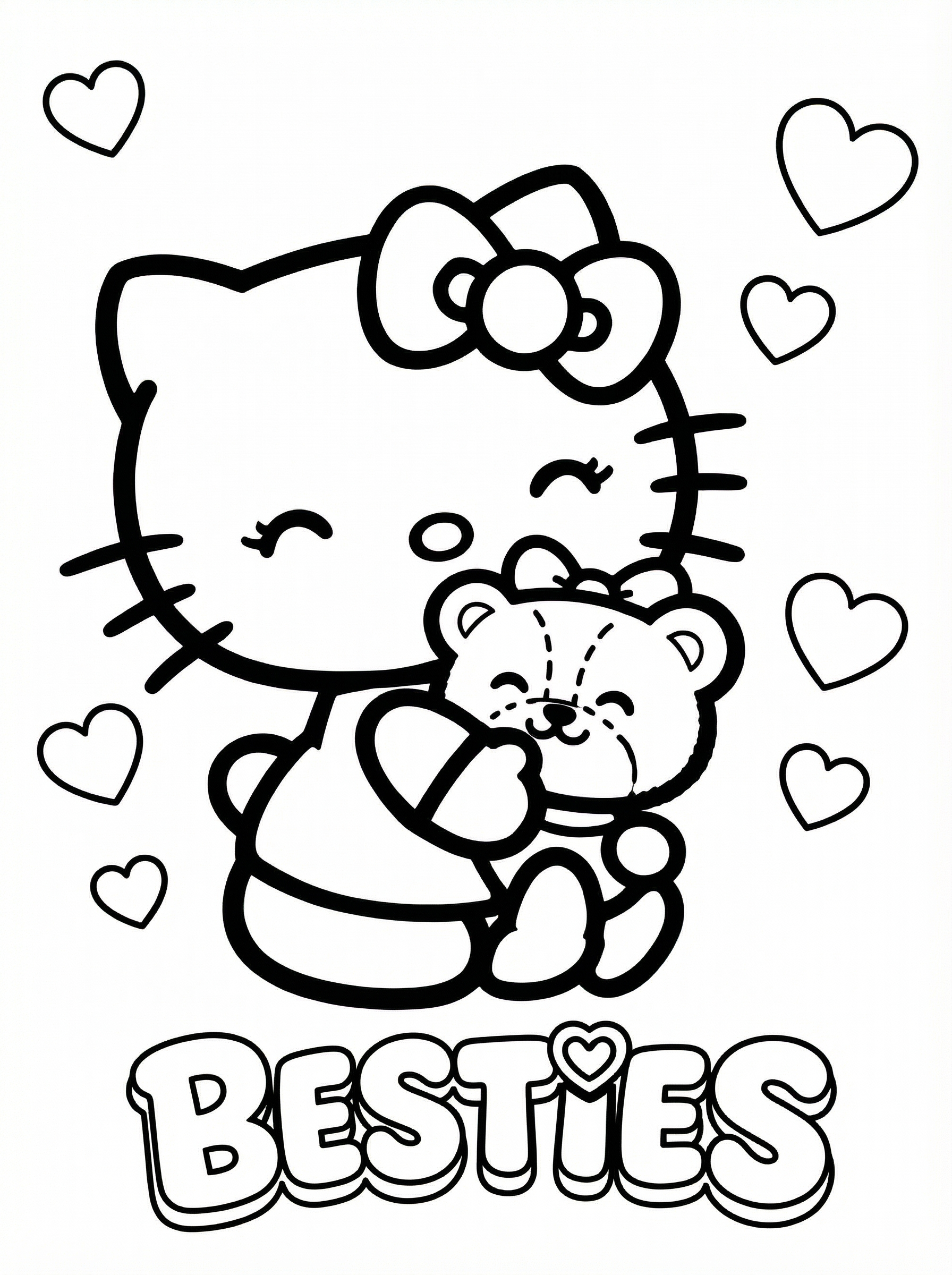 Black and white line drawing of Hello Kitty wearing her signature bow, sitting and hugging a small teddy bear, surrounded by hearts with the word 'Besties' below