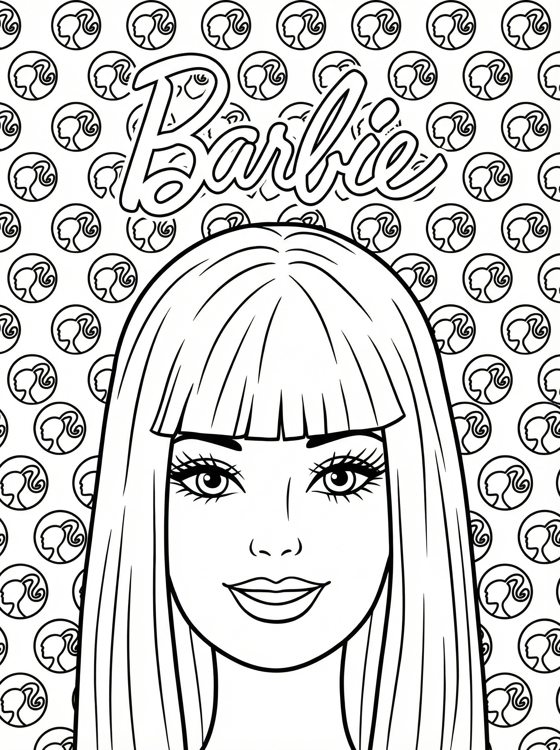 Black and white line drawing of Barbie with long straight hair and bangs, smiling face with detailed eyes and lips, surrounded by circular Barbie logo pattern background