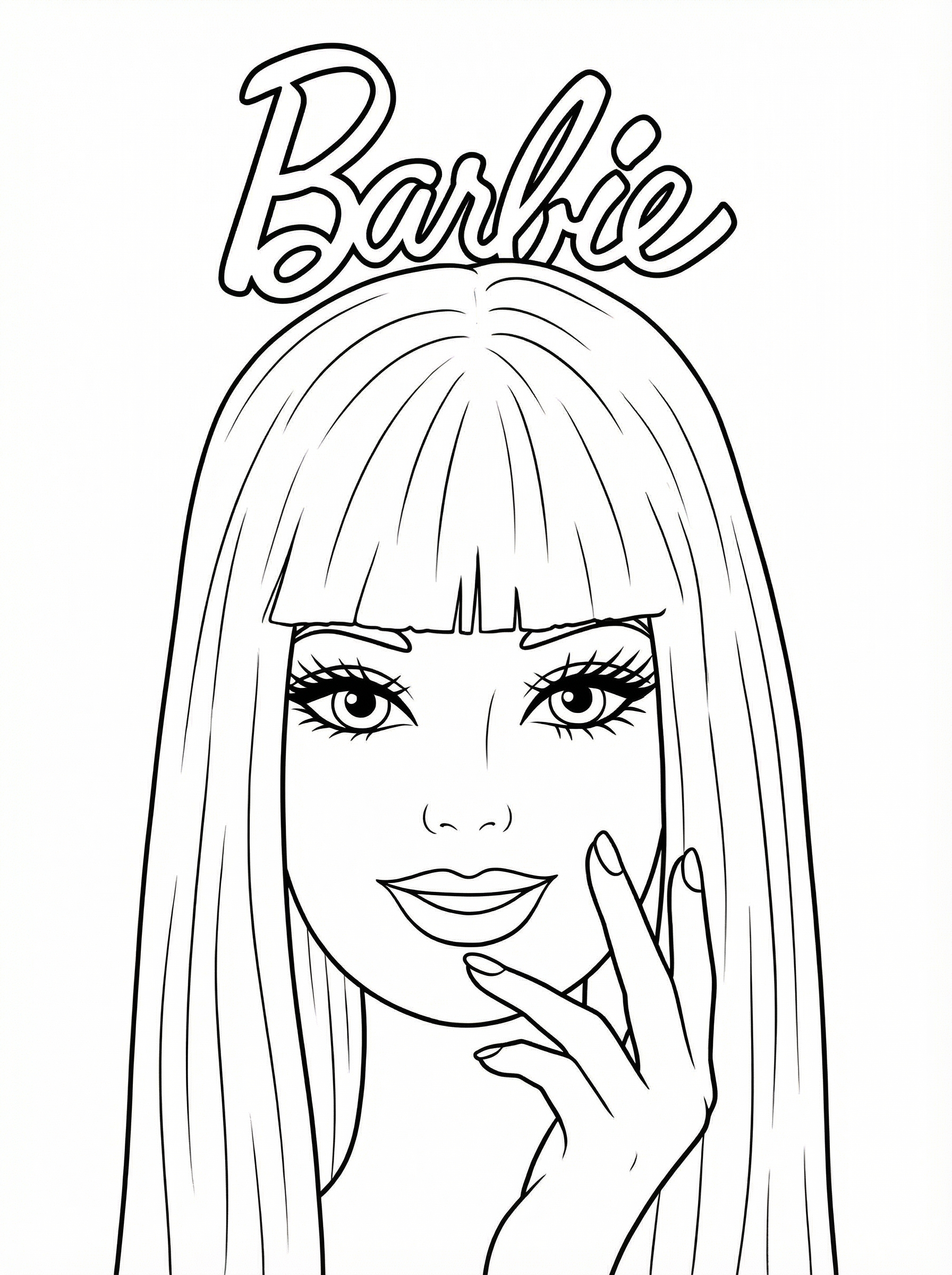 Barbie colouring page showing the iconic doll with long blonde hair, blue eyes, and a bright smile with her hand near her face