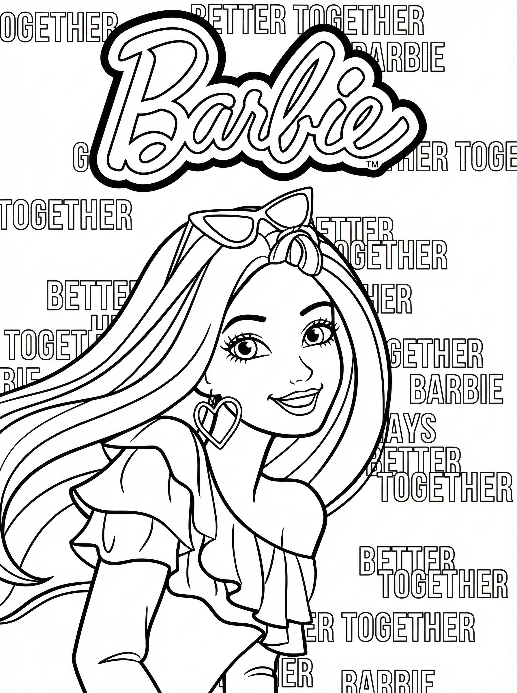 Black and white line drawing of Barbie wearing sunglasses and a bow in her hair, smiling with long flowing hair, surrounded by 'Better Together' text