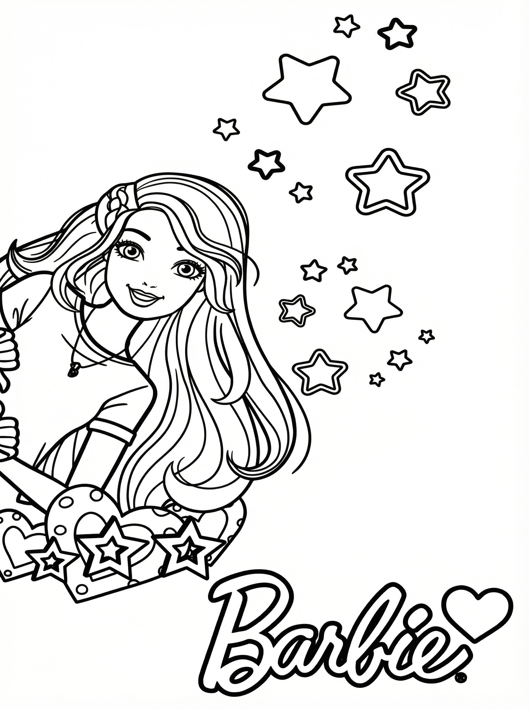 Black and white line drawing of Barbie doll with long wavy hair, smiling and surrounded by decorative stars, with Barbie logo at bottom