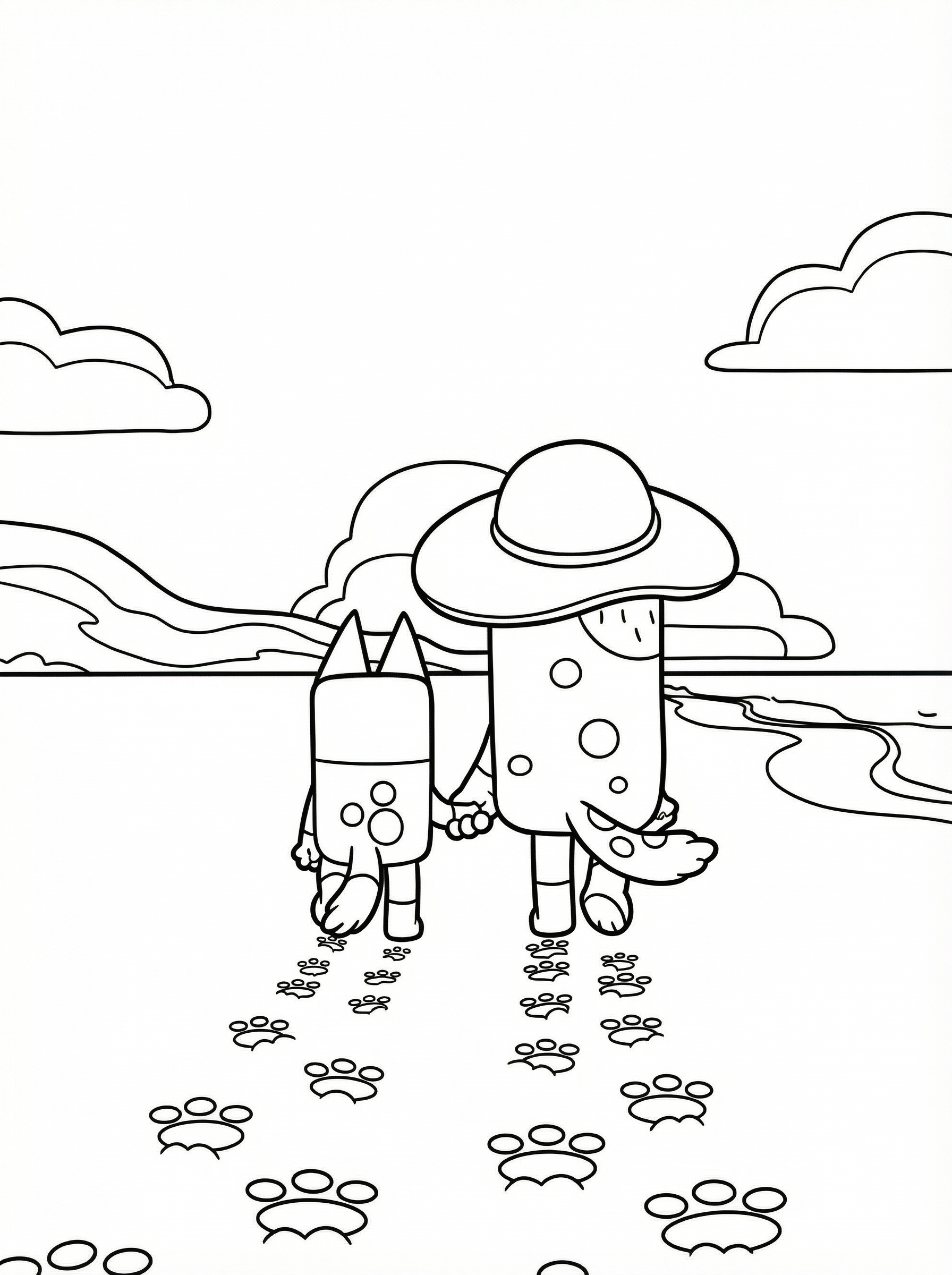 Colouring page showing Bluey and Bingo standing on the beach with paw prints in the sand and clouds in the sky