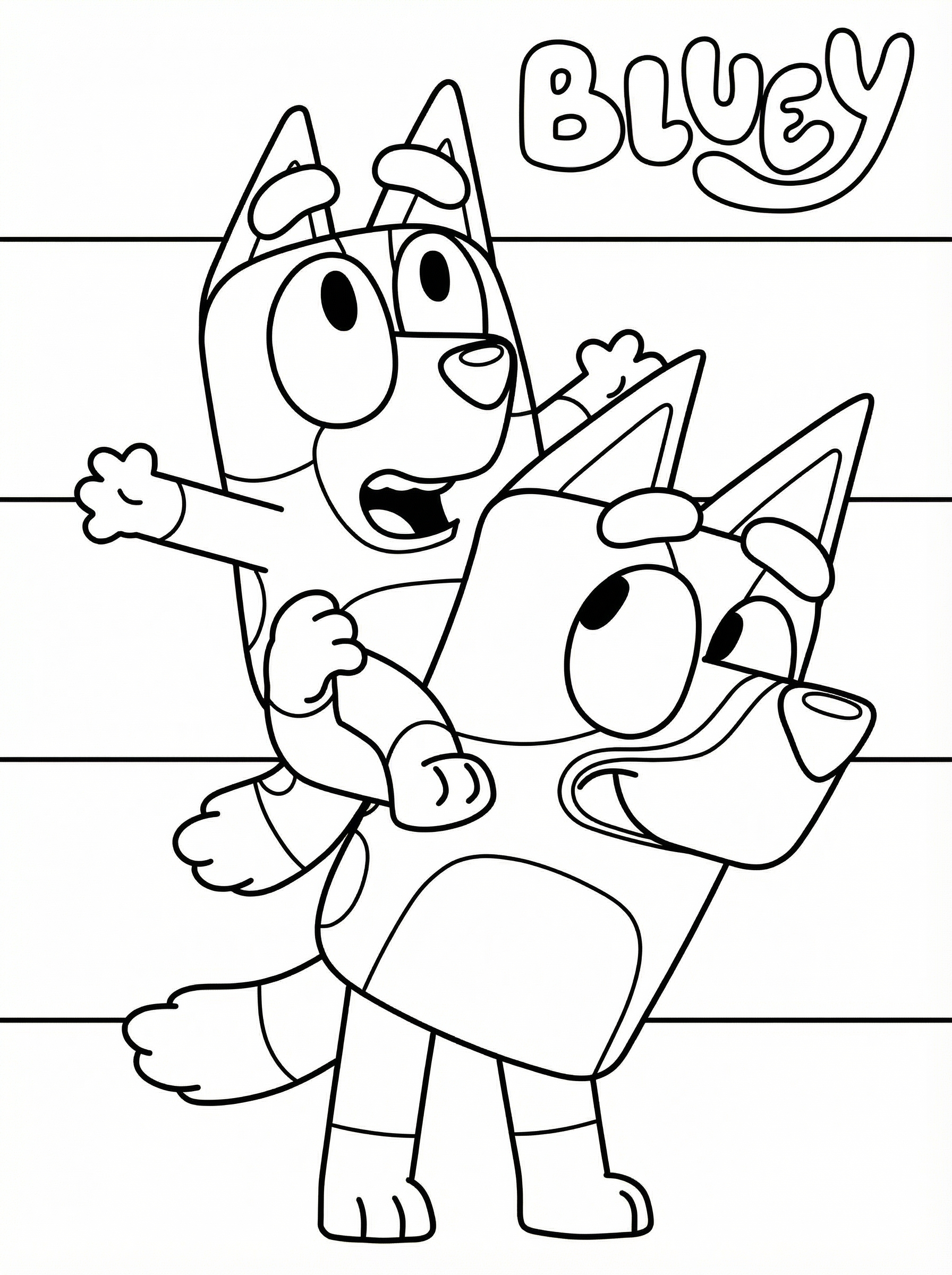 Black and white line drawing colouring page of Bandit carrying Bingo from Bluey, both characters smiling and wearing party hats