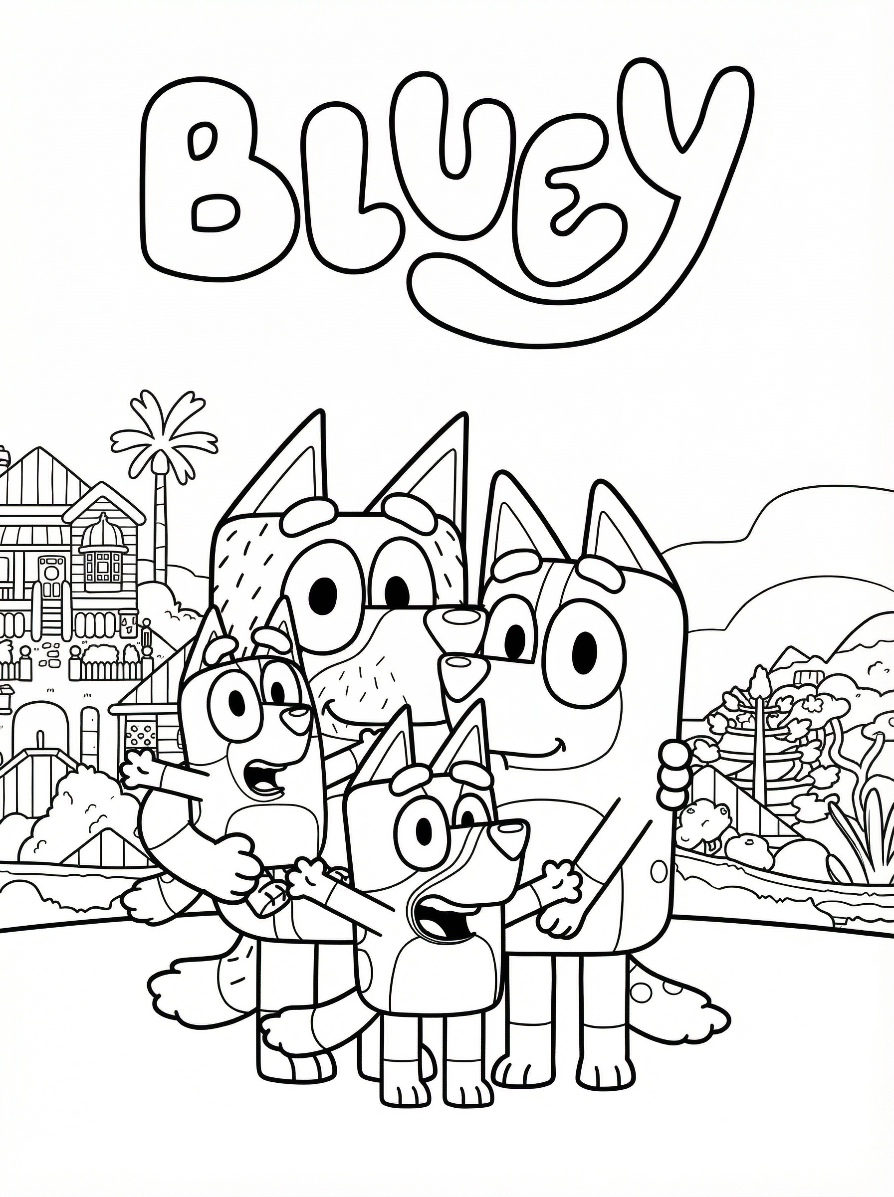 Black and white colouring page showing Bluey characters - Bluey, Bingo, Bandit and Chilli standing together with their Brisbane home in the background