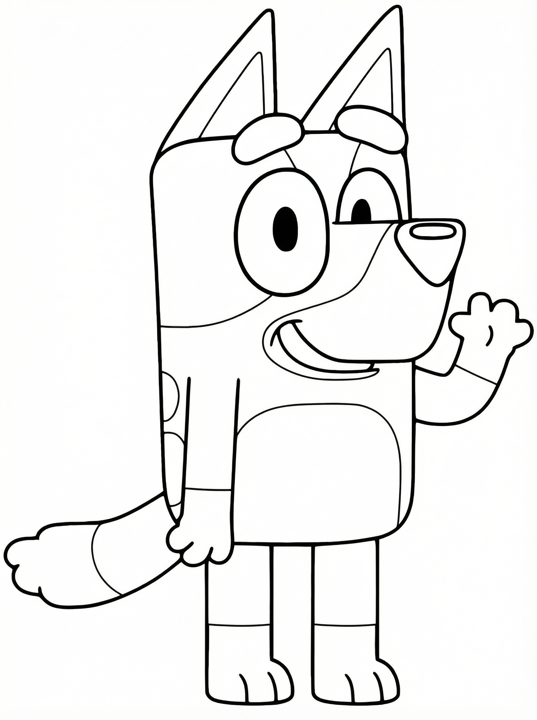 Black and white line drawing of Bluey the Blue Heeler dog standing and waving, with large eyes and pointy ears, ready to colour in