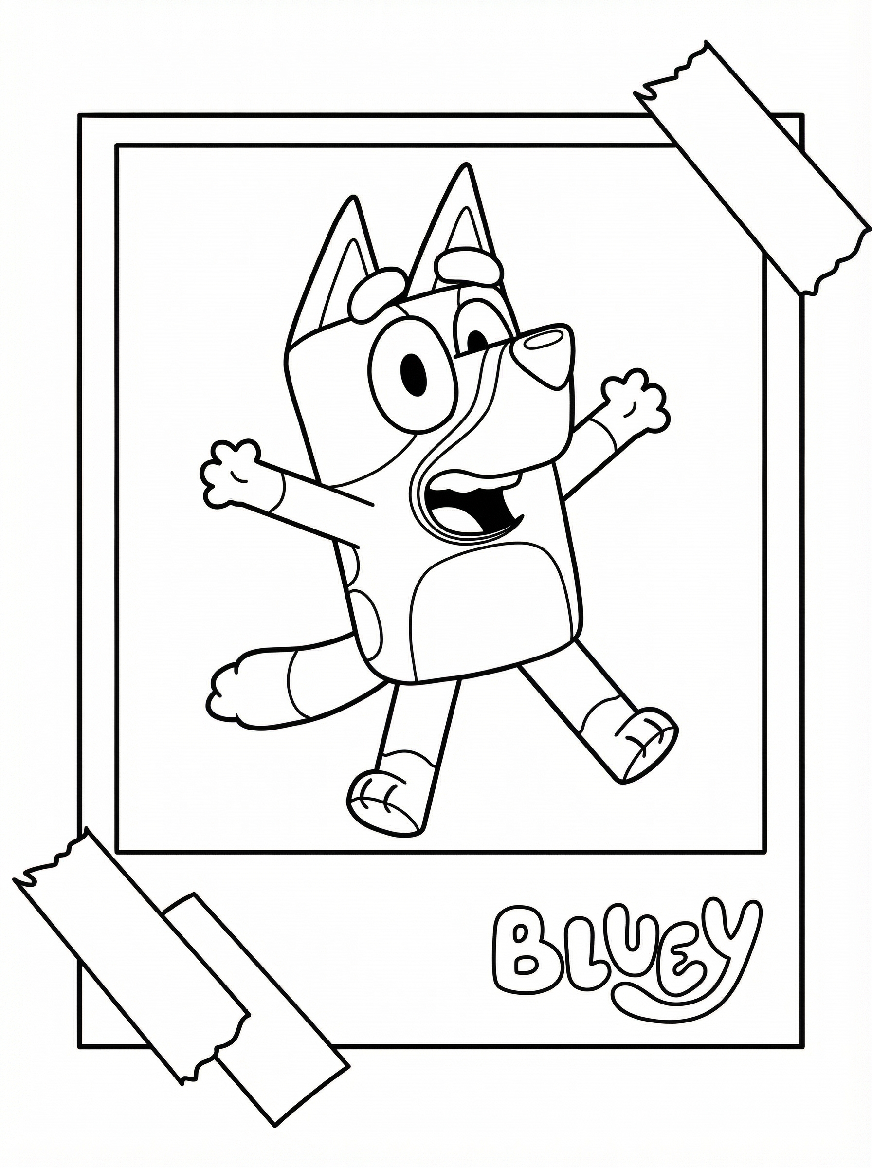 Black and white line drawing colouring page of Bluey the Blue Heeler puppy jumping excitedly with arms raised and mouth open in a happy expression