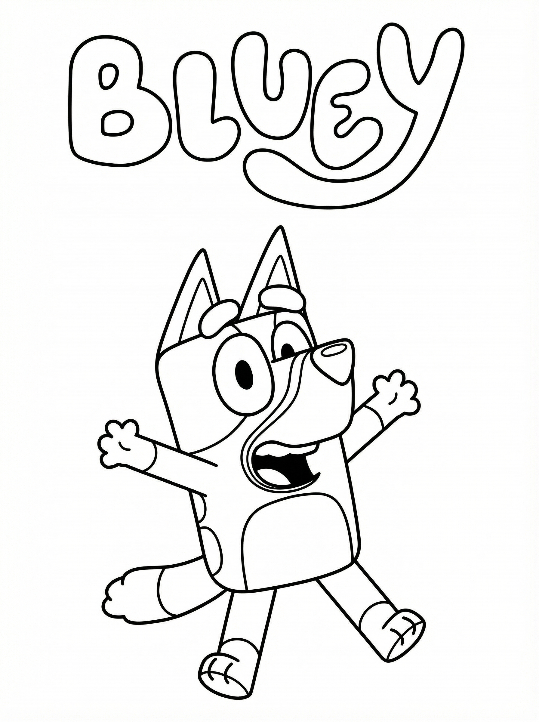 Bluey the Blue Heeler puppy colouring page showing the character jumping with arms raised and mouth open in excitement
