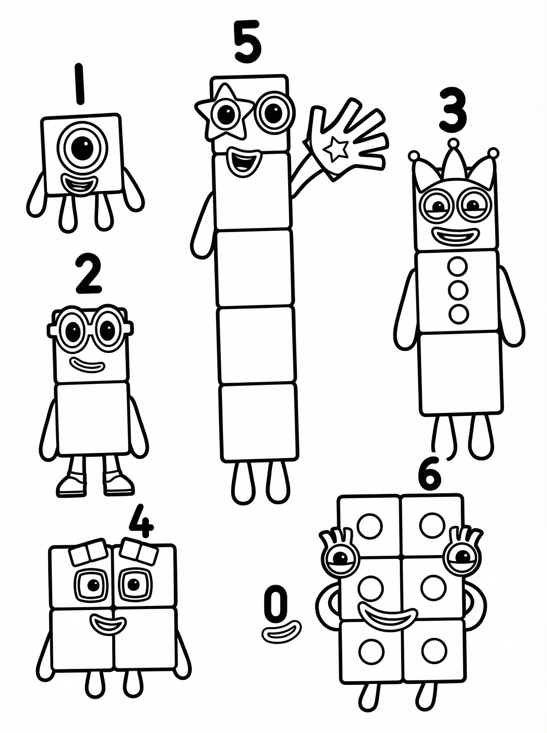 Numberblocks characters numbered 0 to 6 in a colouring page format, featuring block-shaped characters with faces, glasses, and crowns