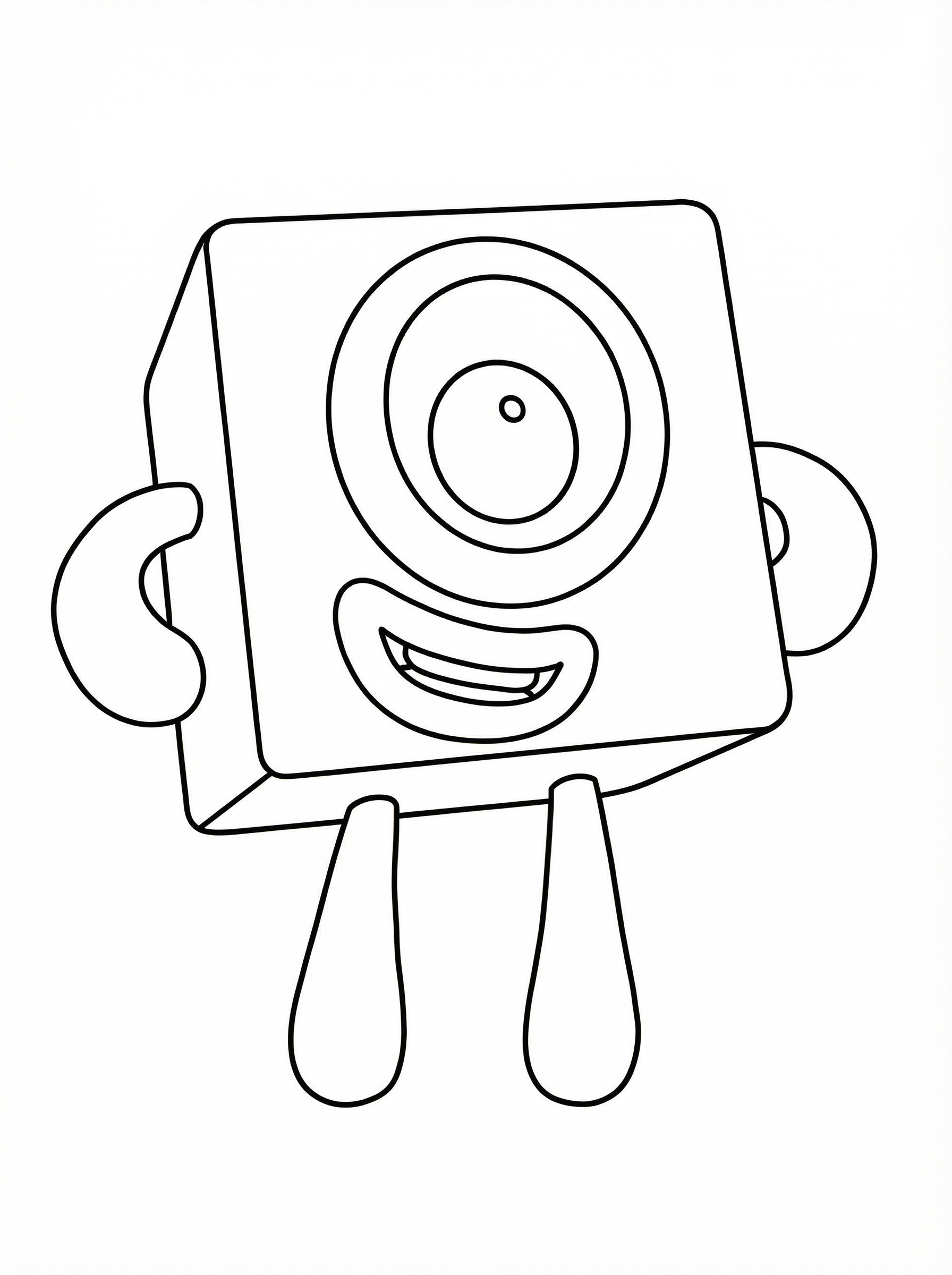 Outline drawing of Numberblock One character with large single eye, smiling face, cube-shaped body with arms and legs for colouring