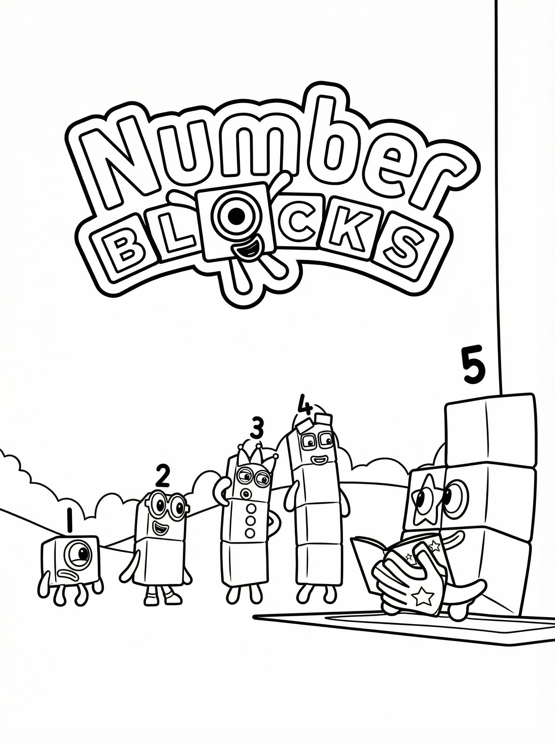 Numberblocks colouring page showing characters One through Five standing in ascending height order under the Numberblocks logo with building blocks