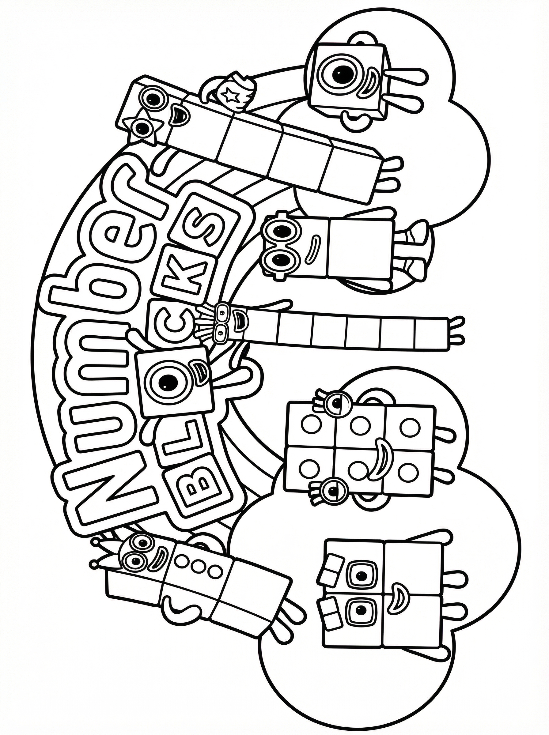 Numberblocks colouring page showing cartoon building block characters with faces, arms and legs arranged in a group with 'Numberblocks' text