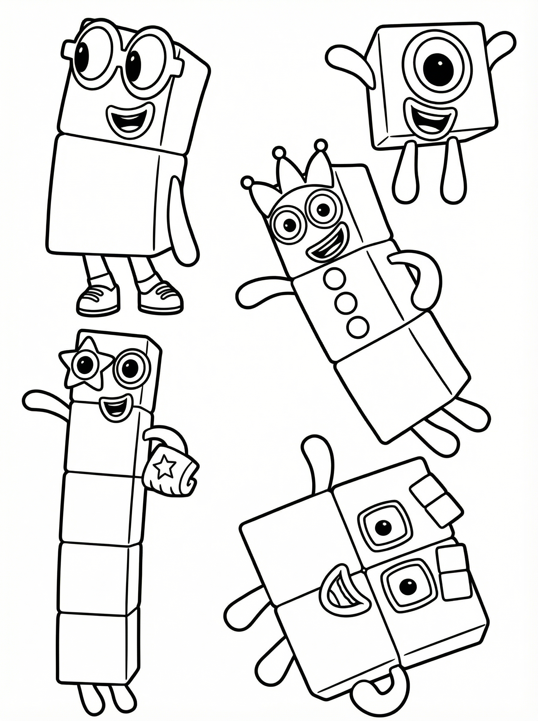 Colouring page showing four Numberblocks characters with block-shaped bodies, large eyes, and happy expressions, representing numbers 1 through 4