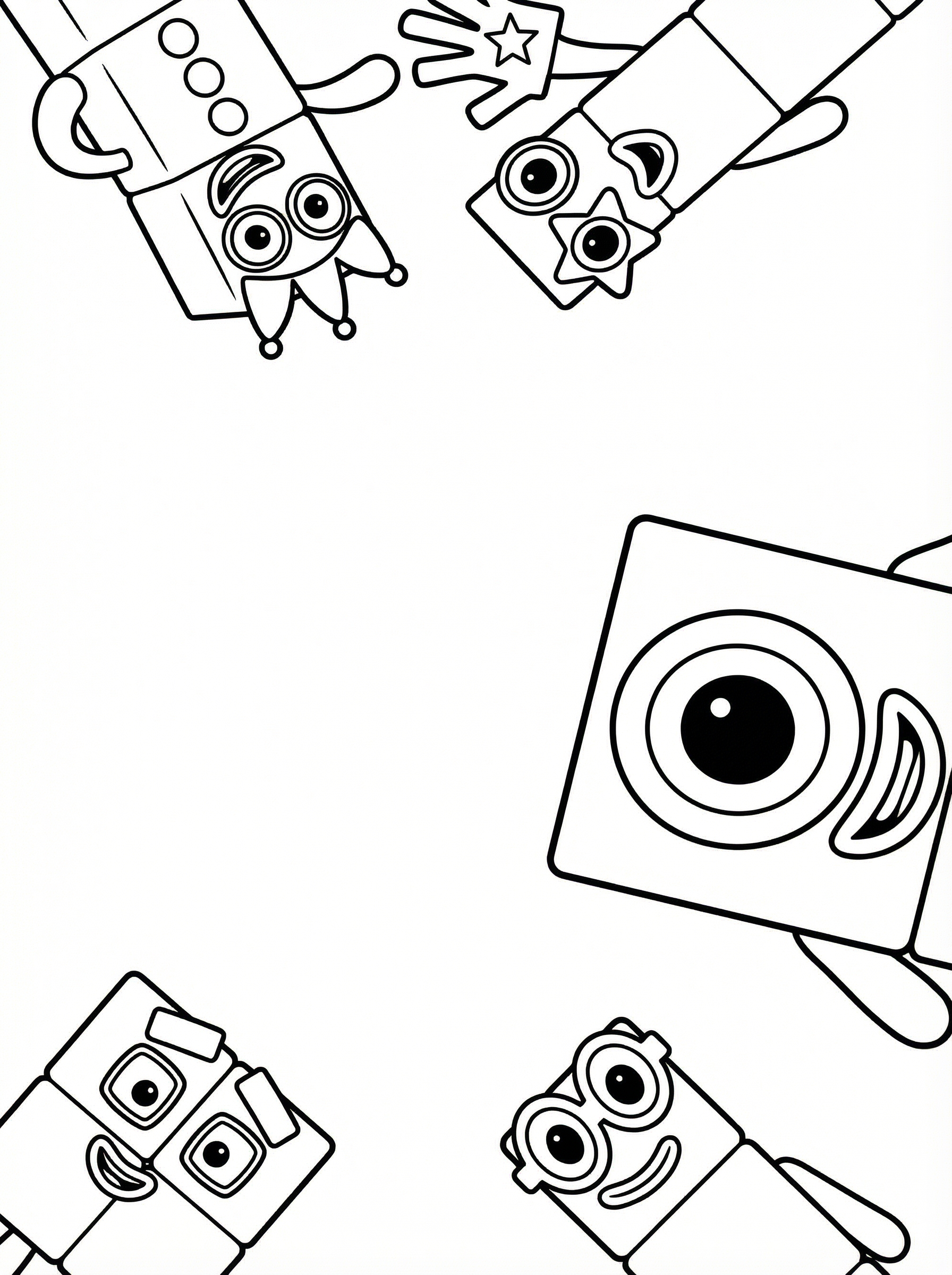 Numberblocks colouring page showing cartoon block characters with large eyes and cheerful expressions from the CBeebies educational TV show
