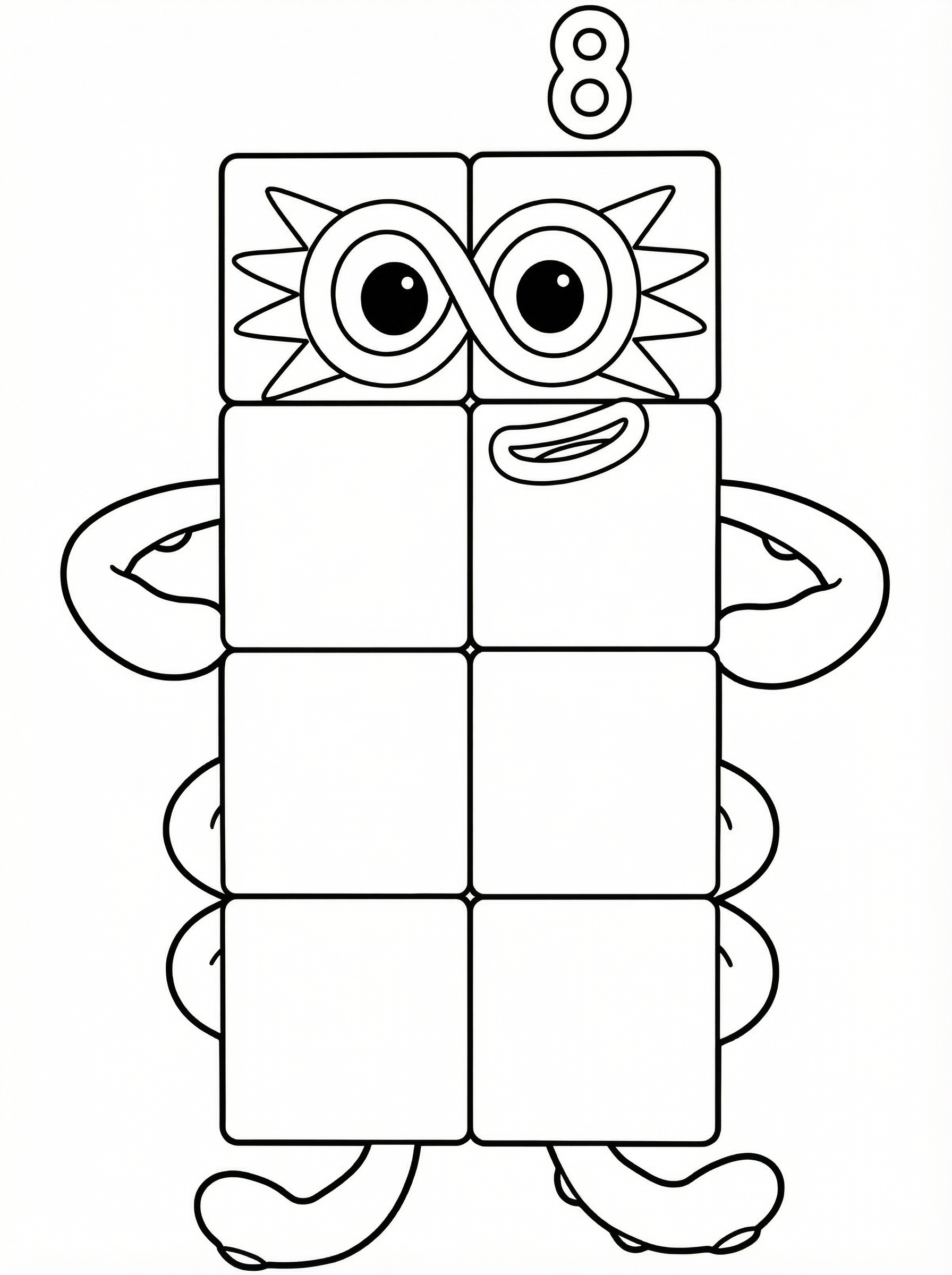 Numberblocks Eight colouring page showing the character made of eight blocks arranged in a 2x4 grid with large googly eyes, spiky hair, a smile, and arms and legs
