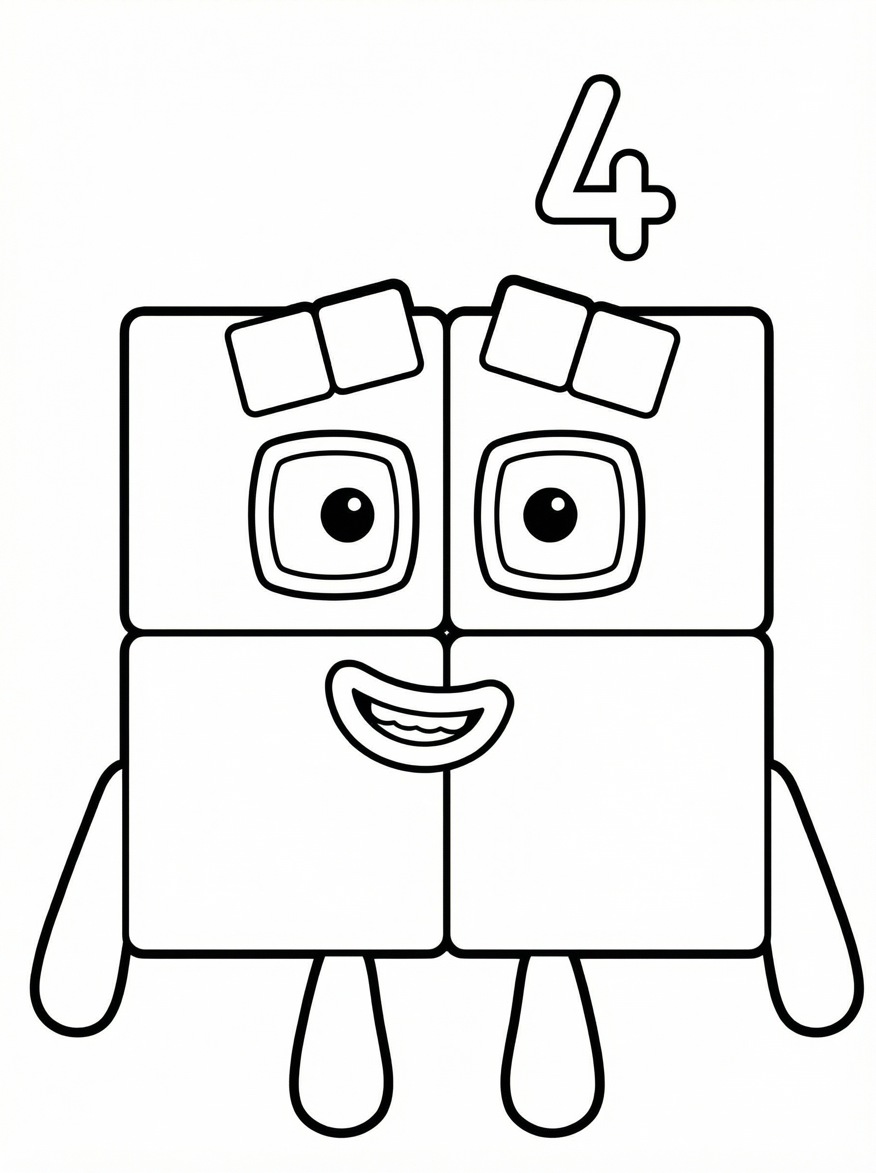 Numberblocks Four colouring page showing a character made of four blocks arranged in a square, wearing glasses with a happy smiling face