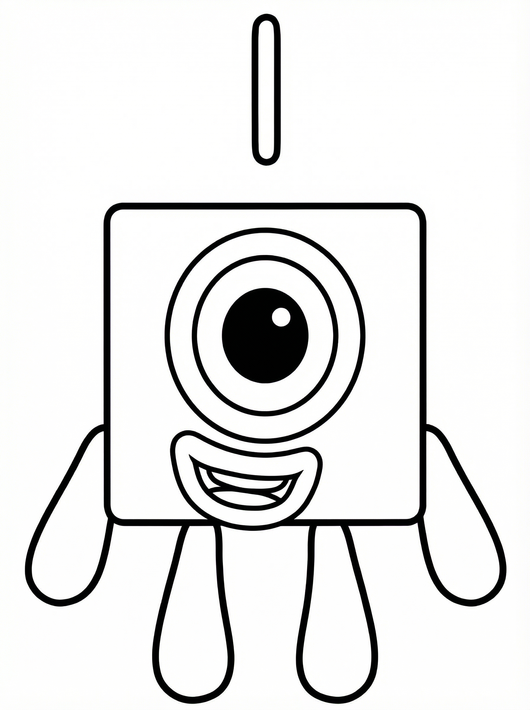 Colouring page of Numberblocks One character with a single large eye, smiling mouth, arms and legs in a simple block shape