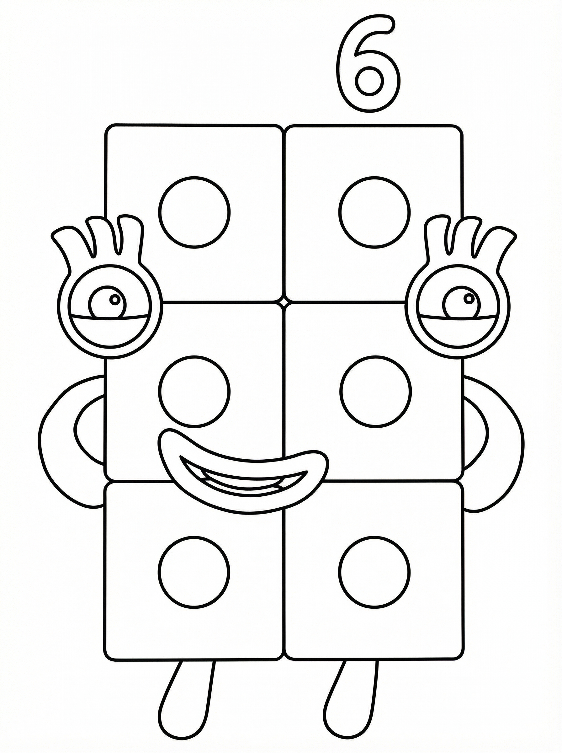 Numberblocks Six colouring page showing the character made of six blocks arranged in a 2x3 grid with a smiling face, hands, and feet