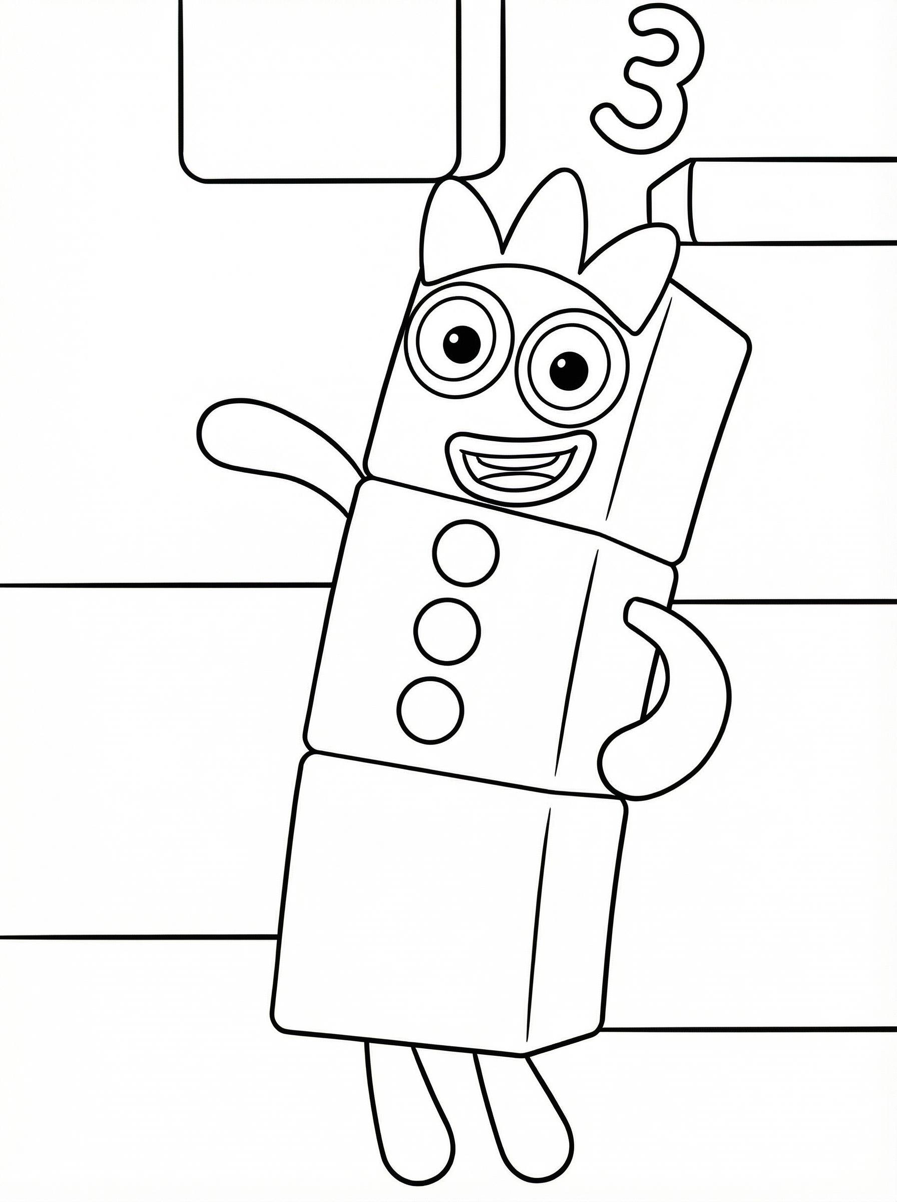 Numberblocks Three colouring page showing the character with three blocks, big eyes, a smiling face, and waving hand