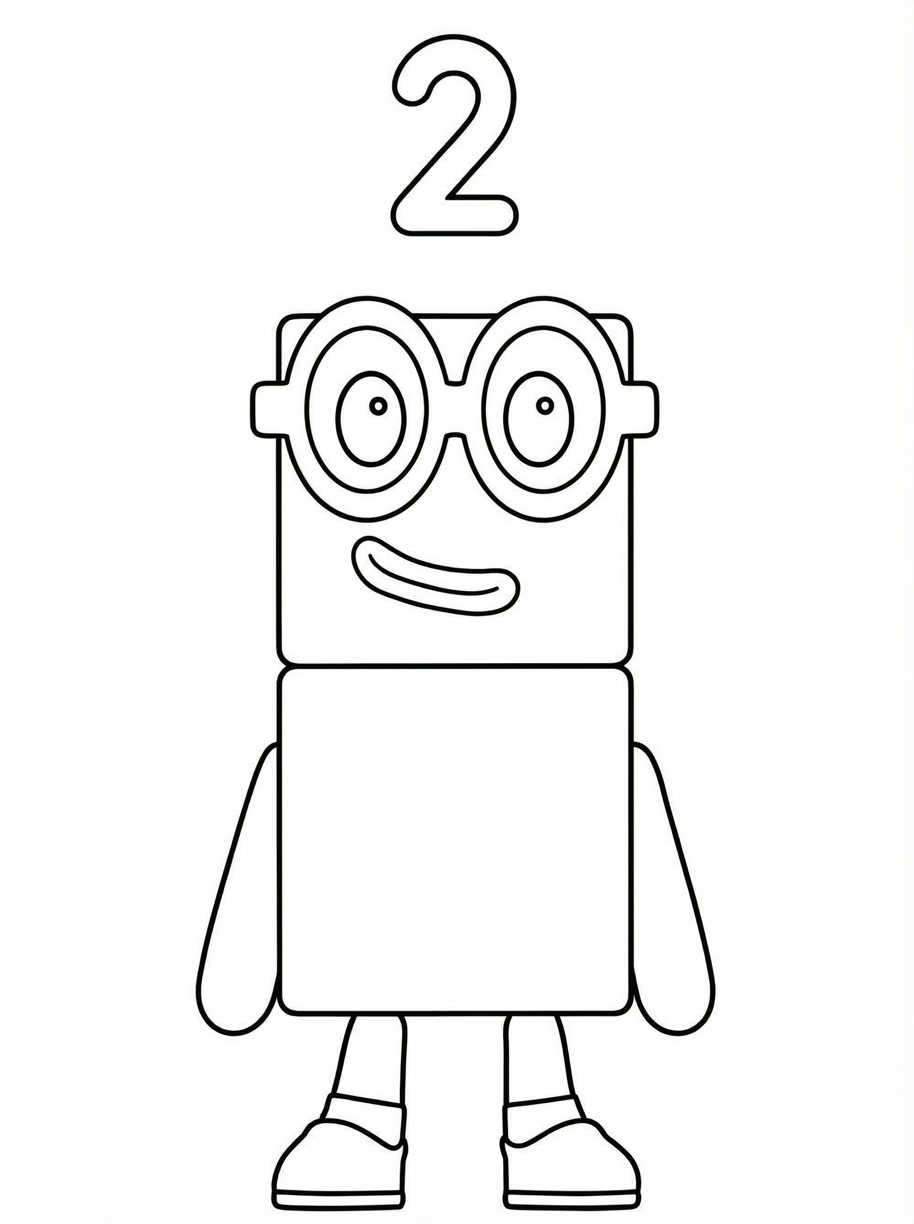 Numberblocks Two character colouring page showing a rectangular block character with large round glasses, smiling face, arms, legs and shoes